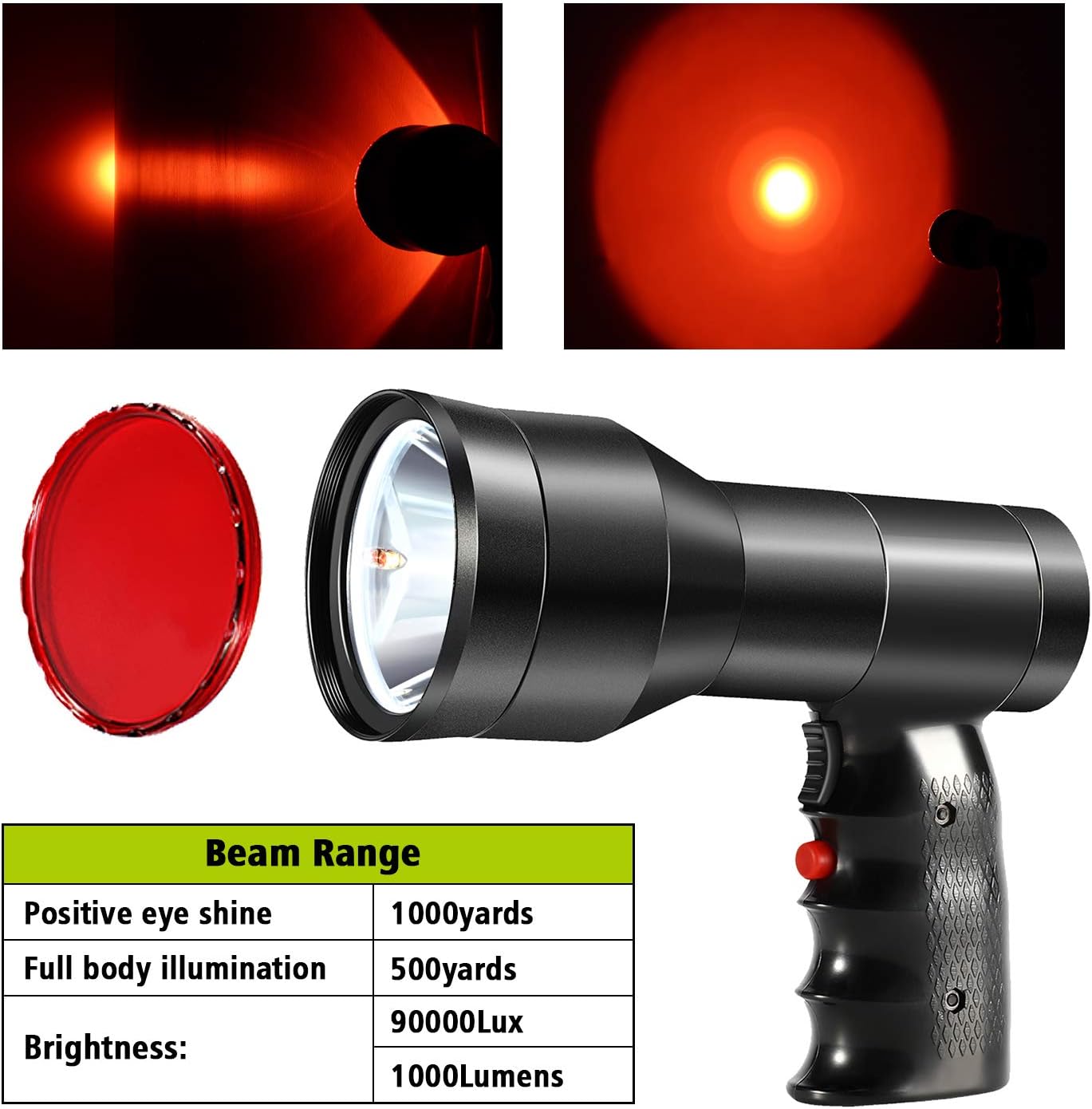 GearOZ Linterna de foco de caza, 90000LUX luz de punto recargable IP68 impermeable de mano LED luz de caza con filtro rojo verde para caza coyotes