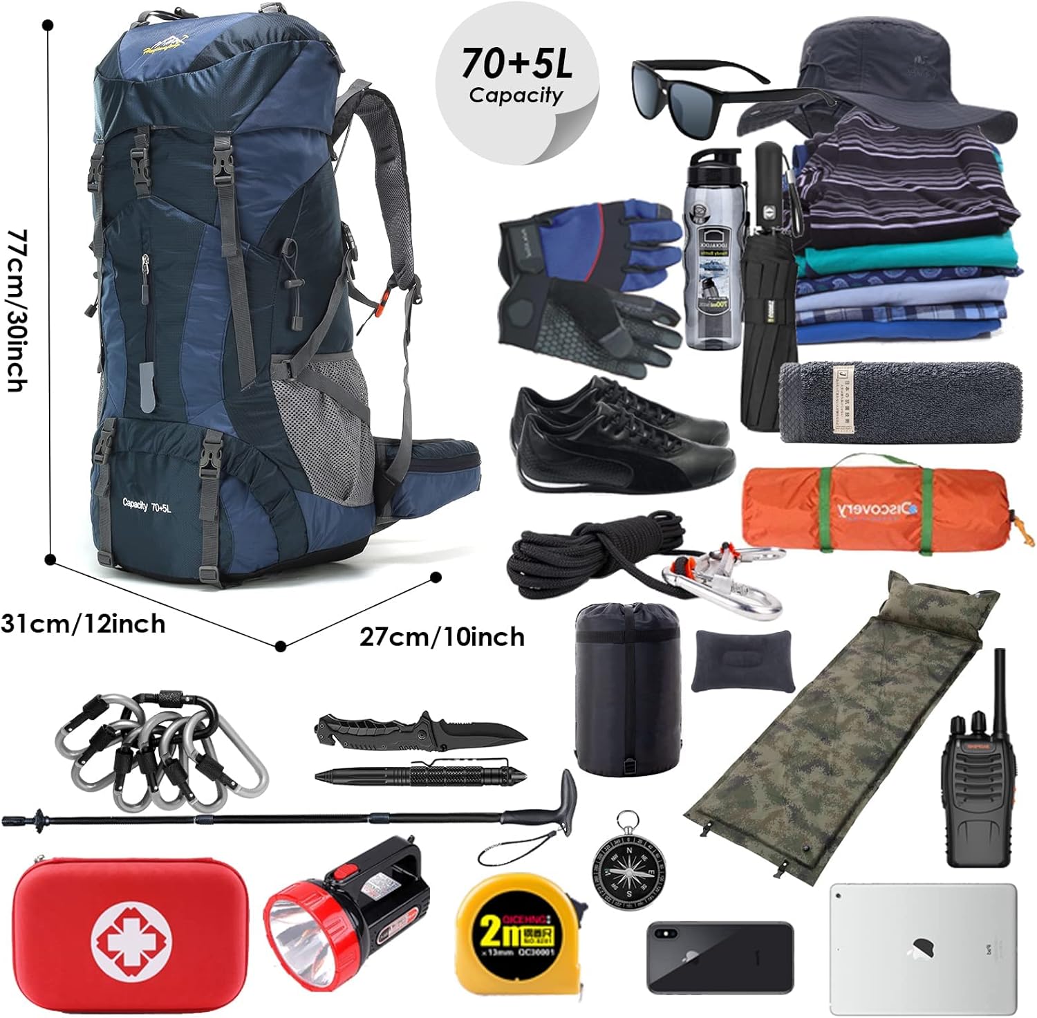 WintMing – Mochila de senderismo de 75 litros con cubierta de lluvia, impermeable, mochila de campamento, zapatos de almacén para hombres y mujeres