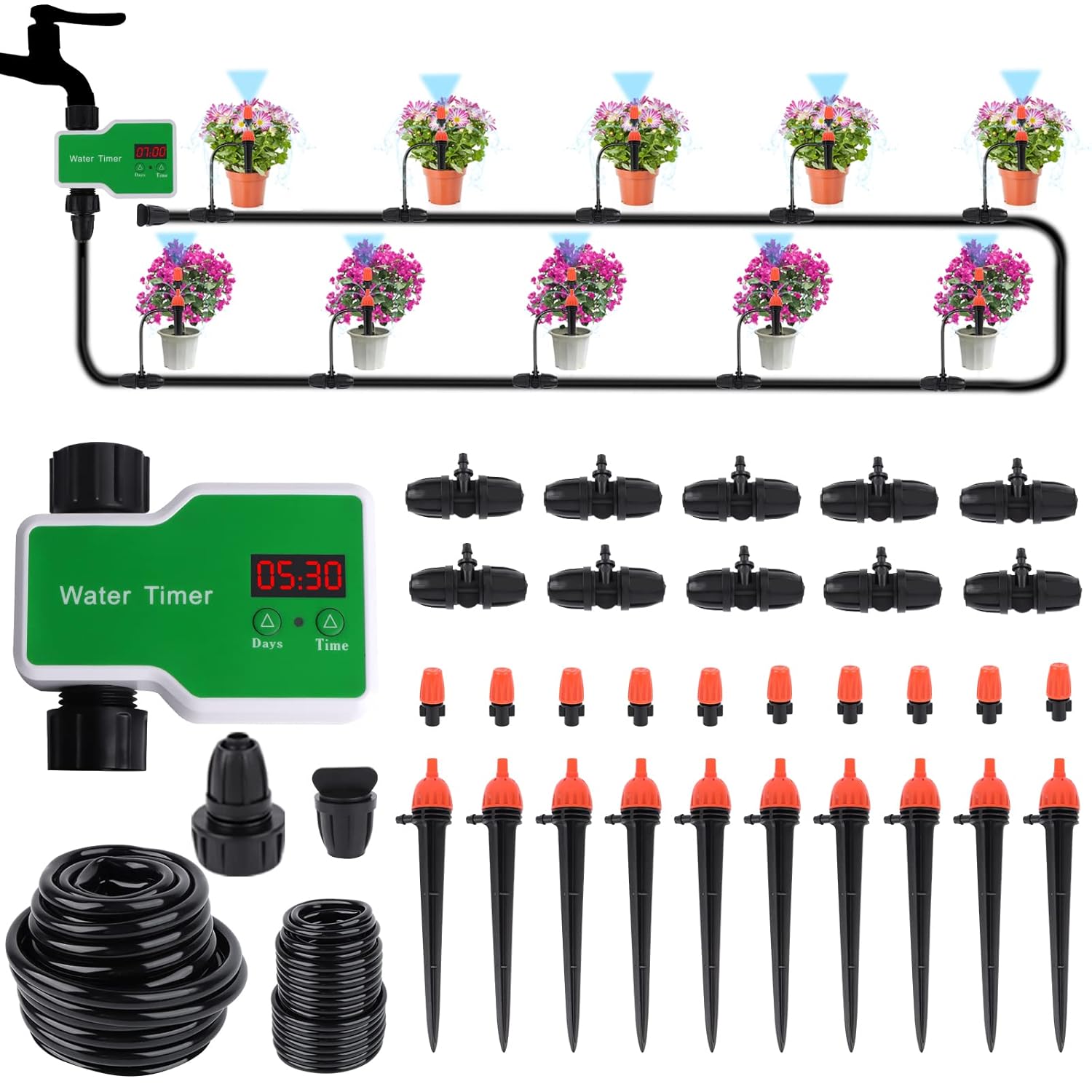 Kit de sistema de riego por goteo, manguera de tubería de 48 pies, temporizador de manguera de agua de rociador, dispositivos de sistema de riego