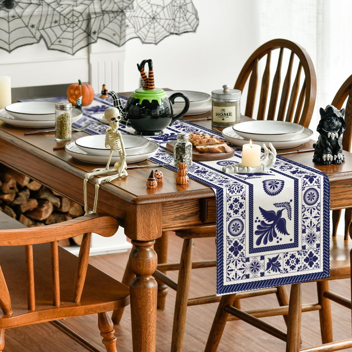 Artoid Mode Camino de mesa mexicano Dia De Los Muertos con diseño floral, diseño de mosaicos azules, decoración de mesa de comedor para decoración