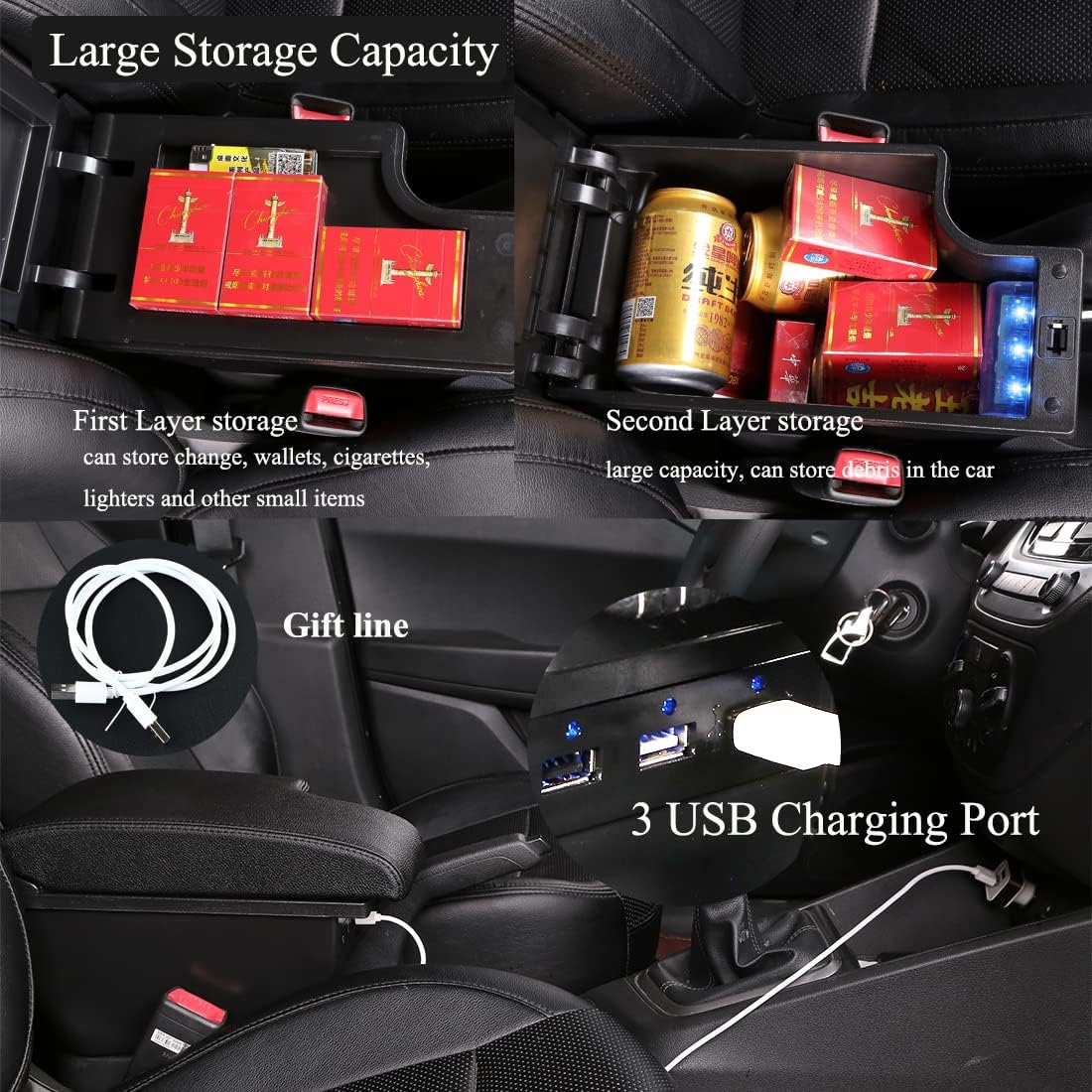 Para Nissan Juke Consolas Apoyabrazos Caja de Almacenamiento de Doble Capa con 3 Puertos USB