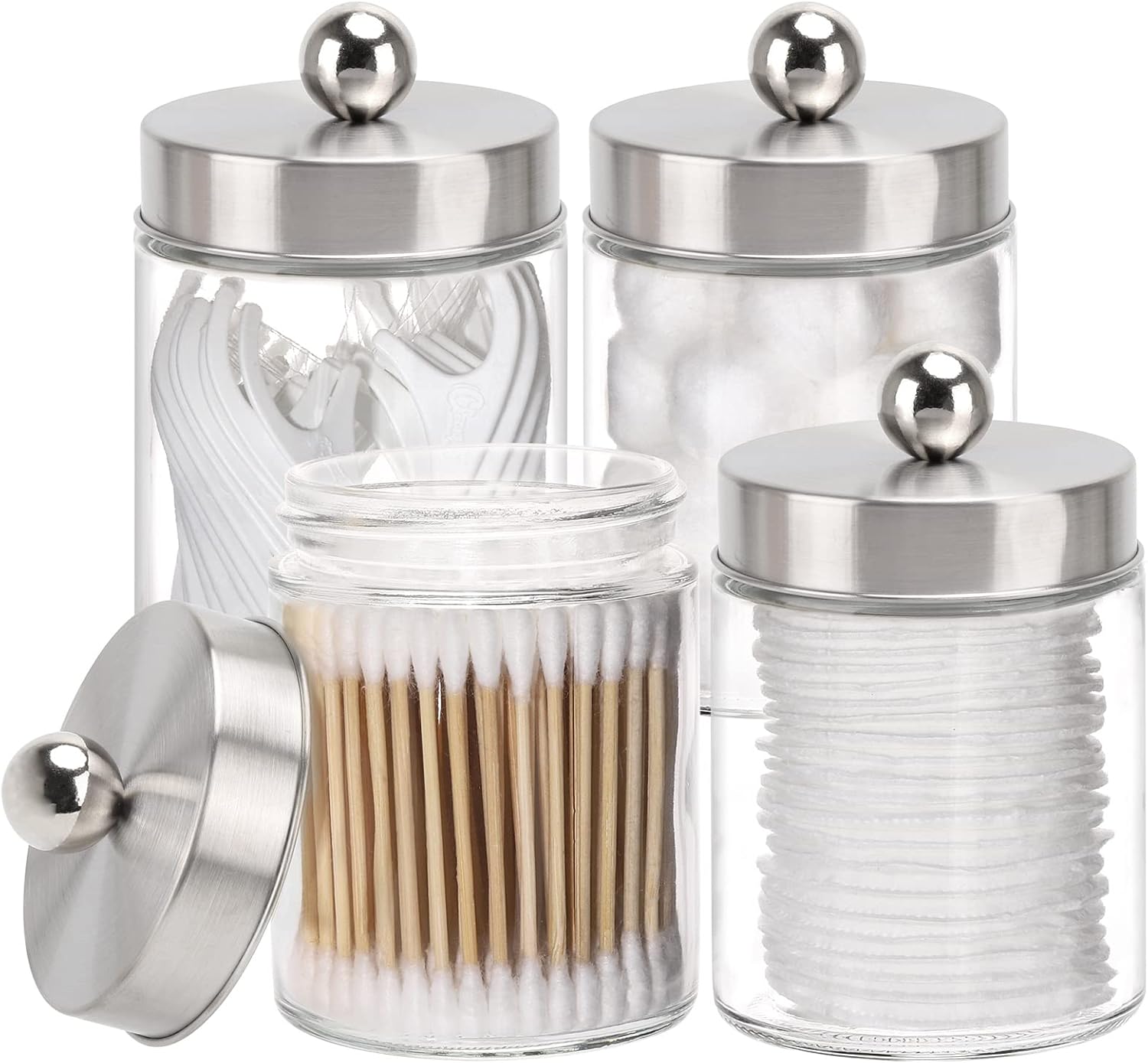 Tbestmax Dispensador de soporte de vidrio Qtip, recipientes de baño de 10 onzas, tarros de boticario con tapas de metal para hisopos de bolas de