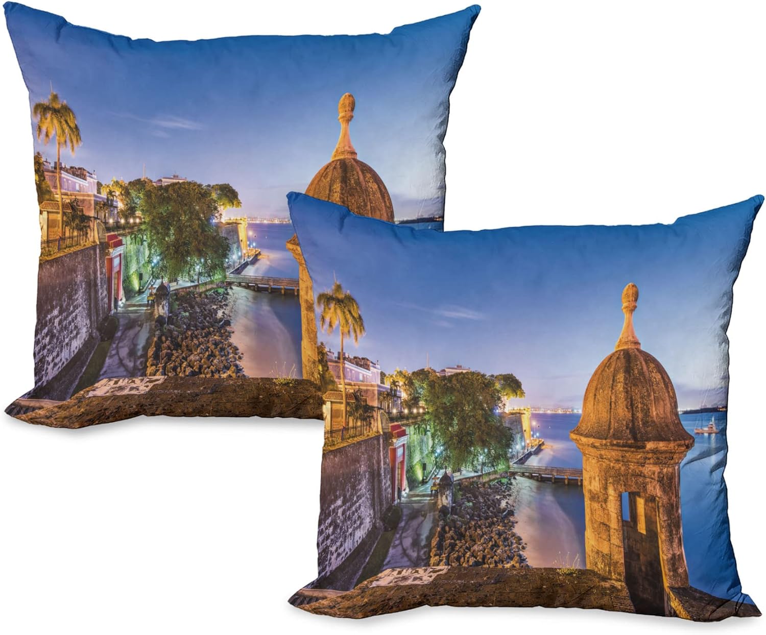 Lunarable Puerto Rico – Juego de 2 fundas de cojín para fotografía, estilo retro con elementos arquitectónicos, decoración de impresión digital de