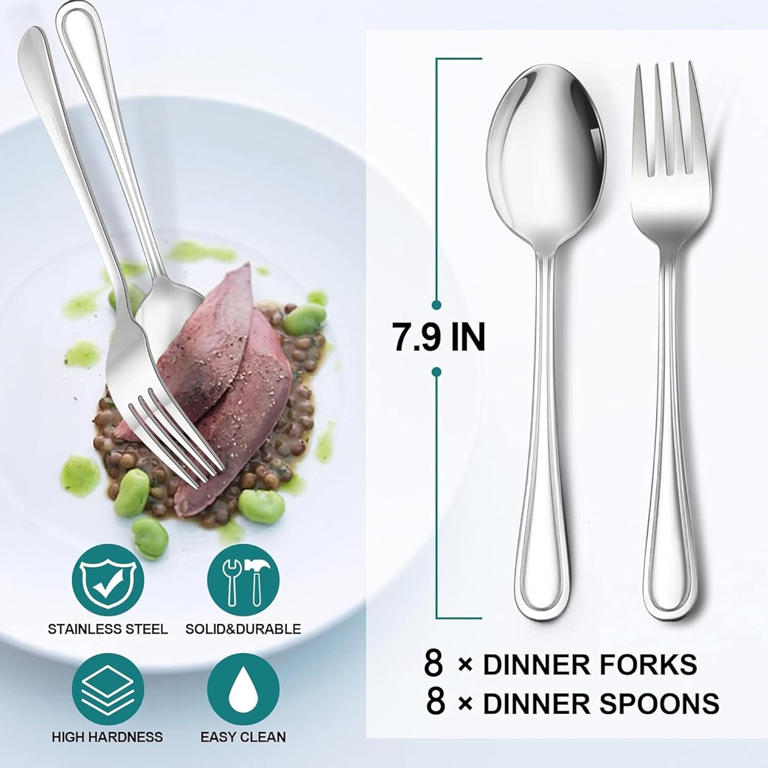 E-far – Juego de 16 cucharas y tenedores de acero inoxidable, 8 tenedores y 8 cucharas de cena, cubiertos de metal modernos para cocina y