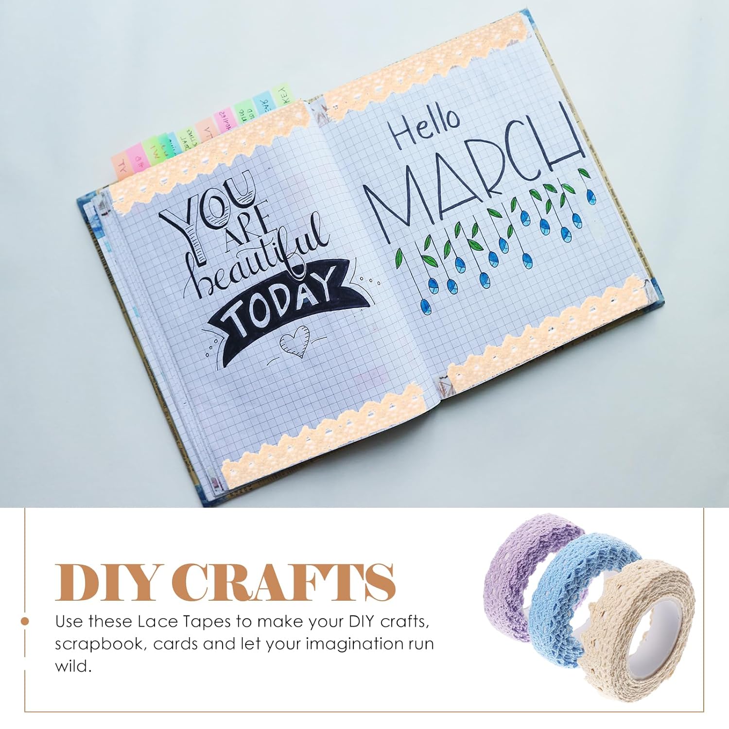 Ciieeo 3 rollos de cinta de encaje de tela, cintas washi, calcomanías caseras, álbumes de recortes, cinta decorativa para manualidades, cintas de