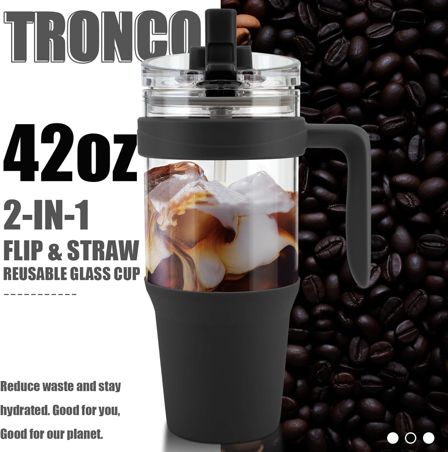 Tronco Vaso de vidrio de 40 onzas con asa, popote abatible a prueba de fugas, vaso de vidrio reutilizable con popote y tapa, taza de café helado con