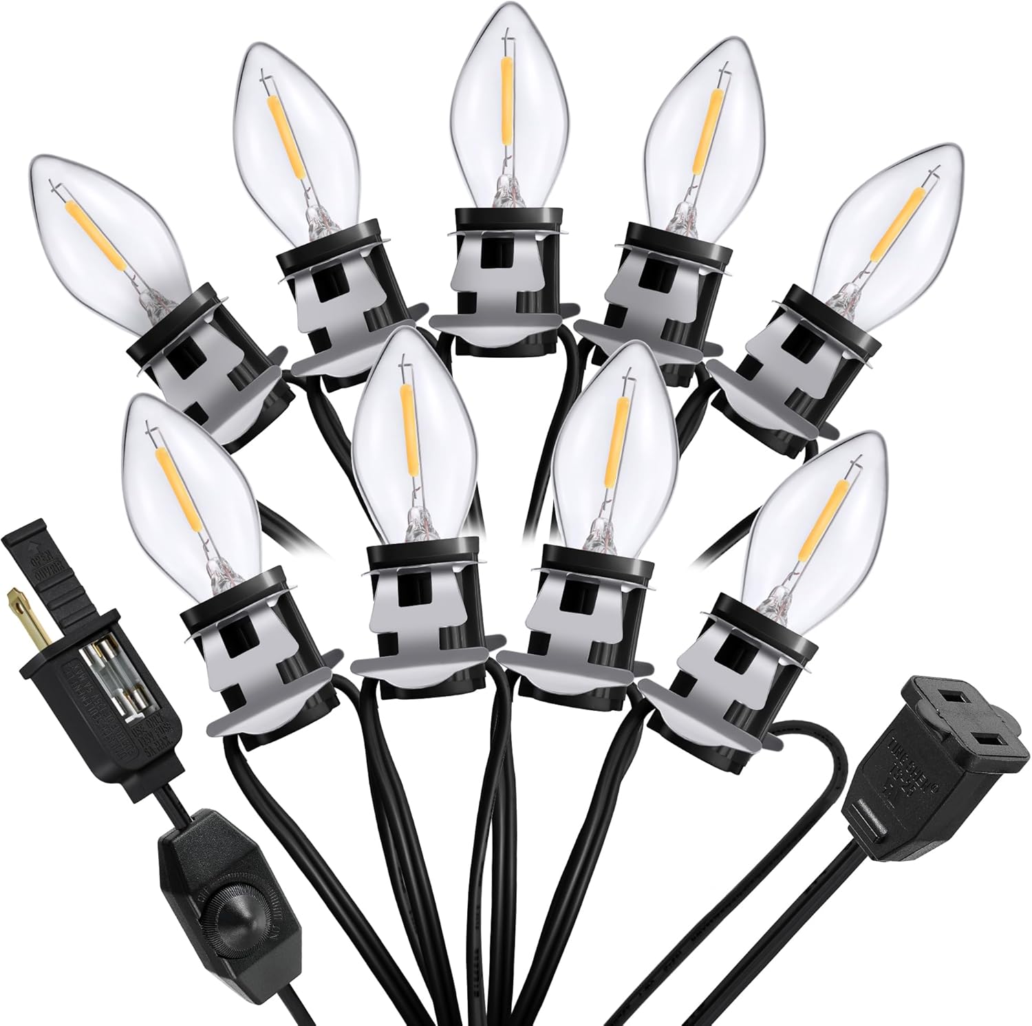 Meonum Cable accesorio con 9 bombillas LED, cable de luces de pueblo navideño de 18 pies con interruptor de atenuación, luces de molde de soplado C7