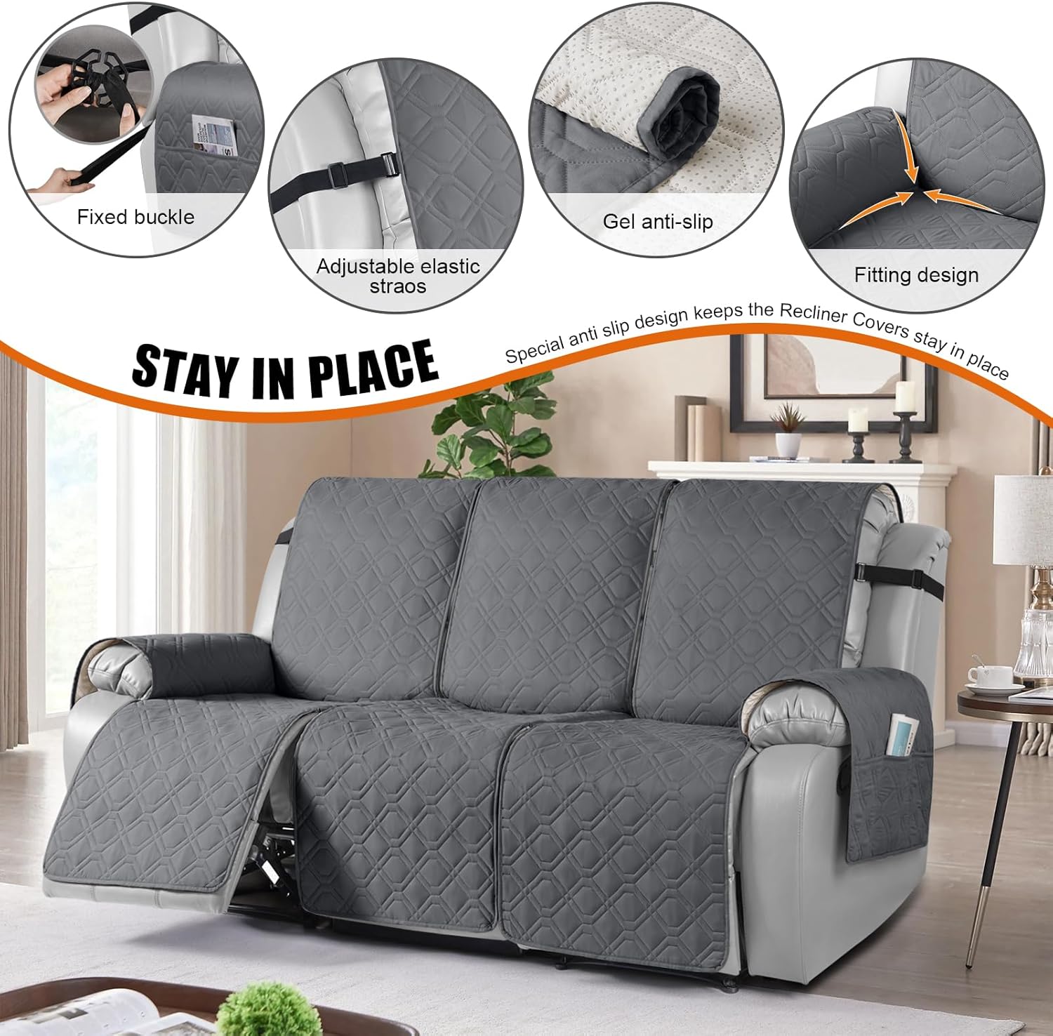 Funda impermeable para sofá reclinable, funda para sofá, lavable y reclinable, protector de muebles con correas elásticas, bolsillo para perros,