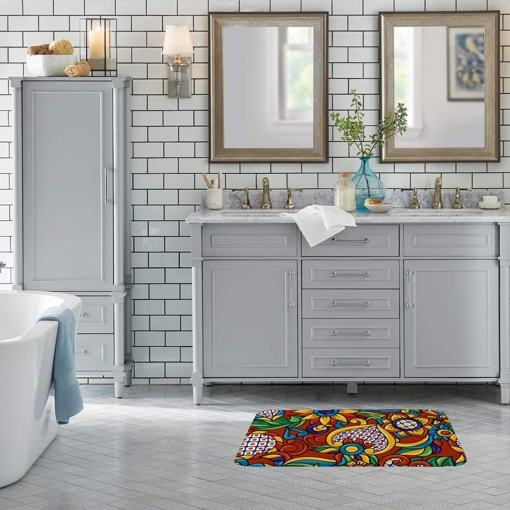 Alfombra de baño antideslizante y absorbente de agua, de terciopelo coral, lavable a máquina, espuma viscoelástica, talavera mexicana, étnica y