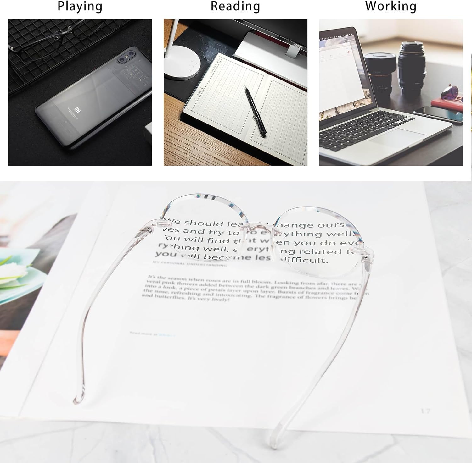 KoKoBin Paquete de 3 lentes de lectura redondos sin marco, bloqueo de luz azul para hombres y mujeres