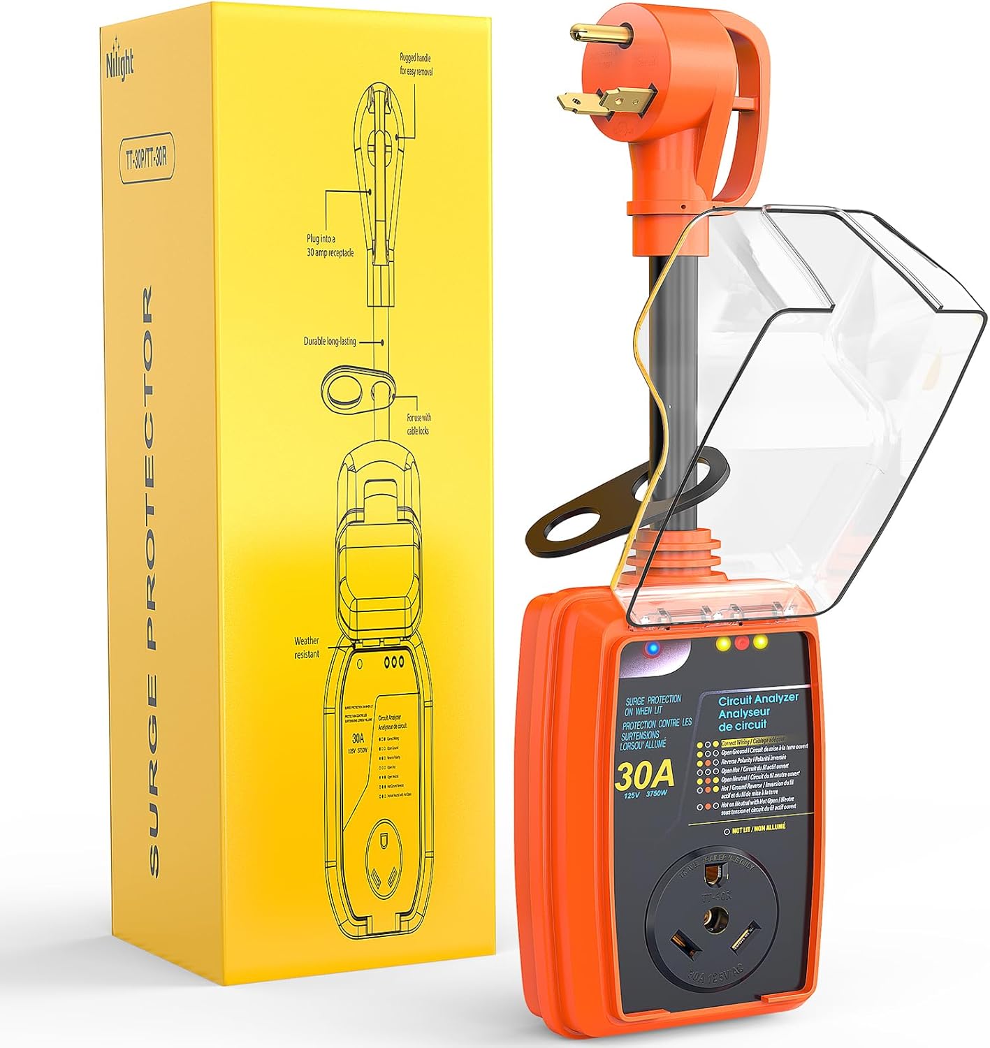 Nilight Analizador de circuitos con protector de sobretensiones RV de 30 amperios, monitor de voltaje de 2100 julios, picos altos y bajos, 125 V3750