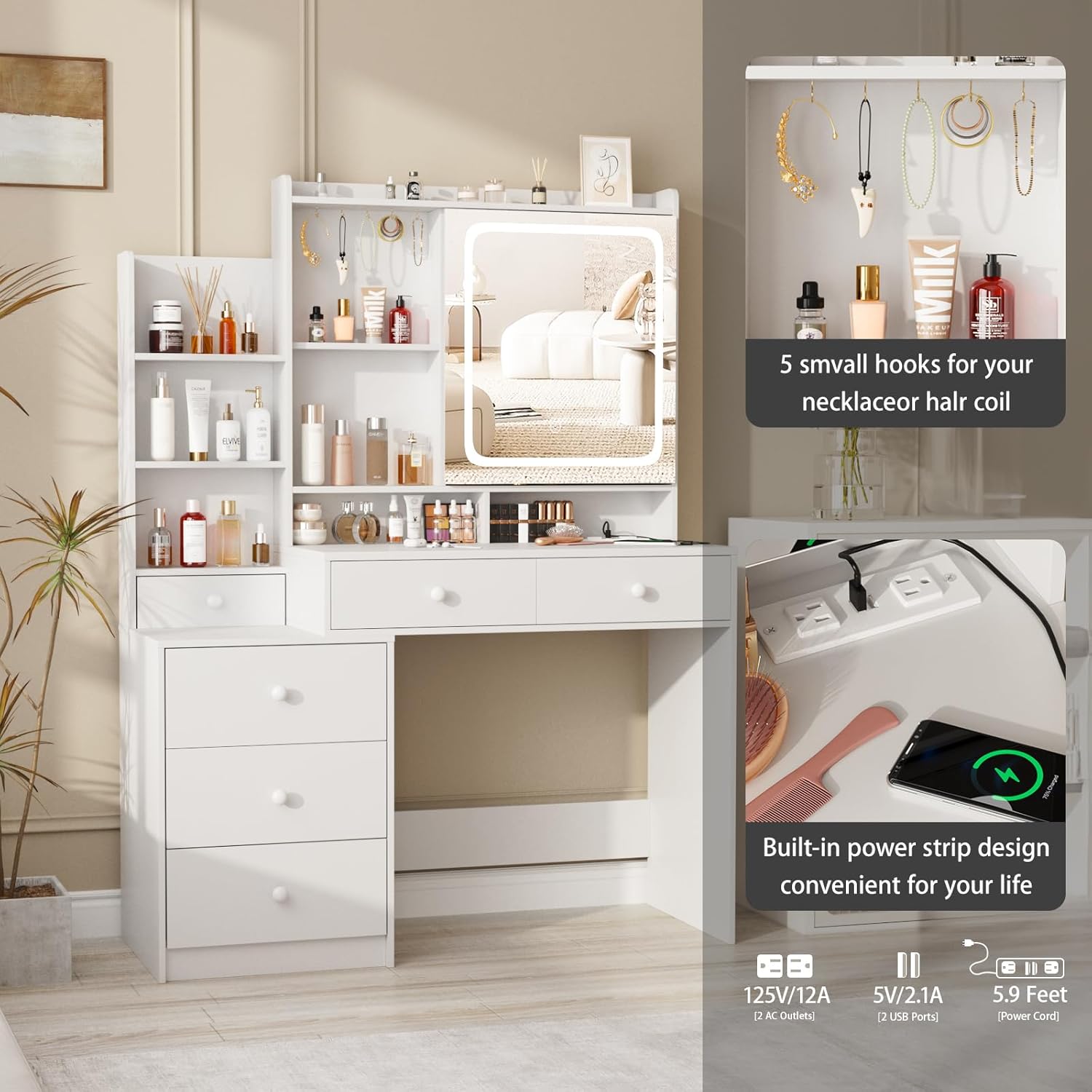 Tocador de maquillaje blanco con espejo LED y tira de alimentación, escritorio de tocador con muchos cajones y espejo que se puede abrir, mesa de