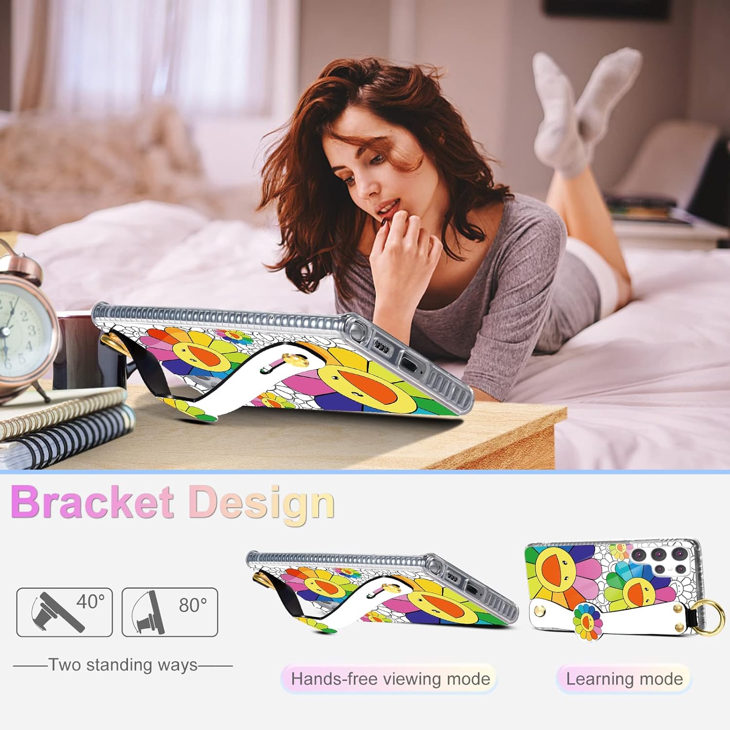 Funda de moda con diseño de flores divertidas para Samsung Galaxy S22 Ultra con correa para la muñeca para niñas y mujeres, con bonito personaje de