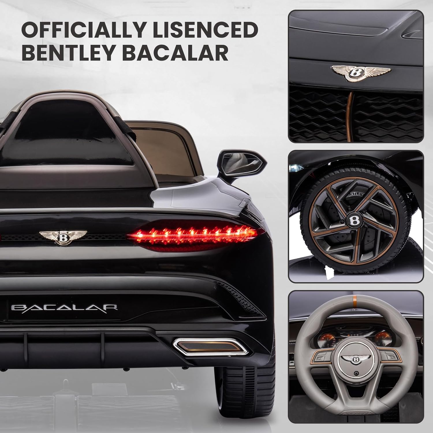 GAOMON Auto eléctrico Bentley Bacalar de 12 V, con licencia y control remoto para padres, 3 velocidades, puertas de tijera, música, LED, autos para