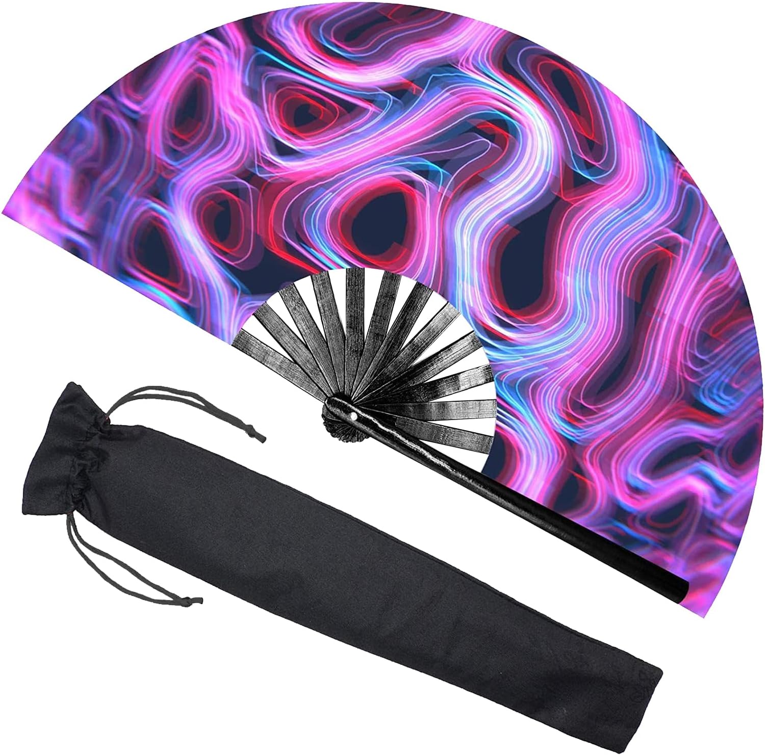 Ventilador de mano plegable grande con brillo UV para mujeres, ventilador plegable de bambú para rave, ventilador de mano plegable para hombres y