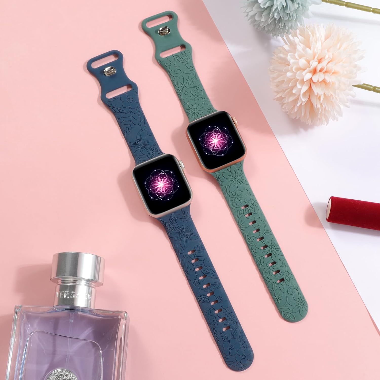 Correa deportiva de silicona con grabado floral compatible con Apple Watch de 1.575 in, 1.614 in, 1.496 in, 1.654 in, 1.732 in, 1.772 in y 1.929 in