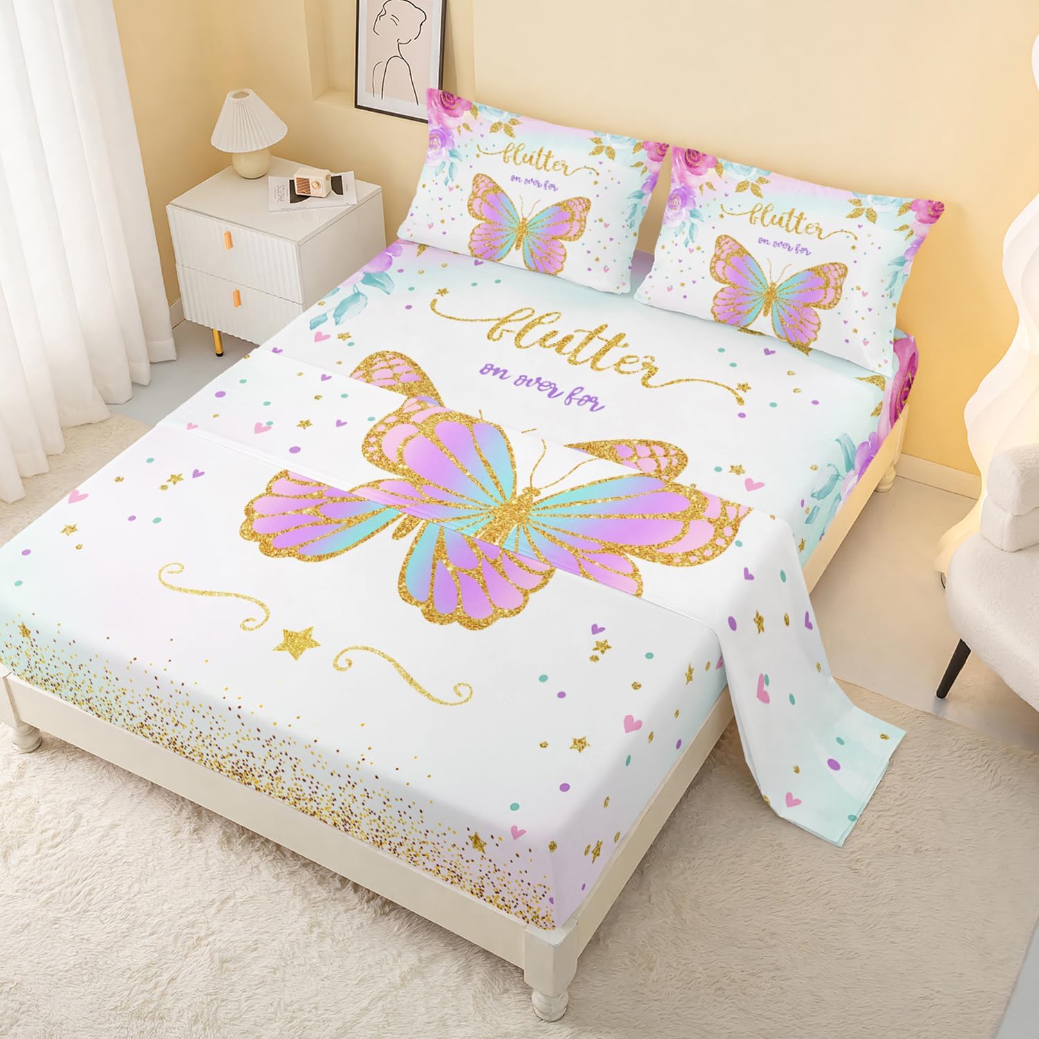 CVHOUSE Juego de sábanas bajeras de mariposa tamaño matrimonial, juego de ropa de cama de mariposas coloridas, 1 sábana encimera y 1 sábana bajera
