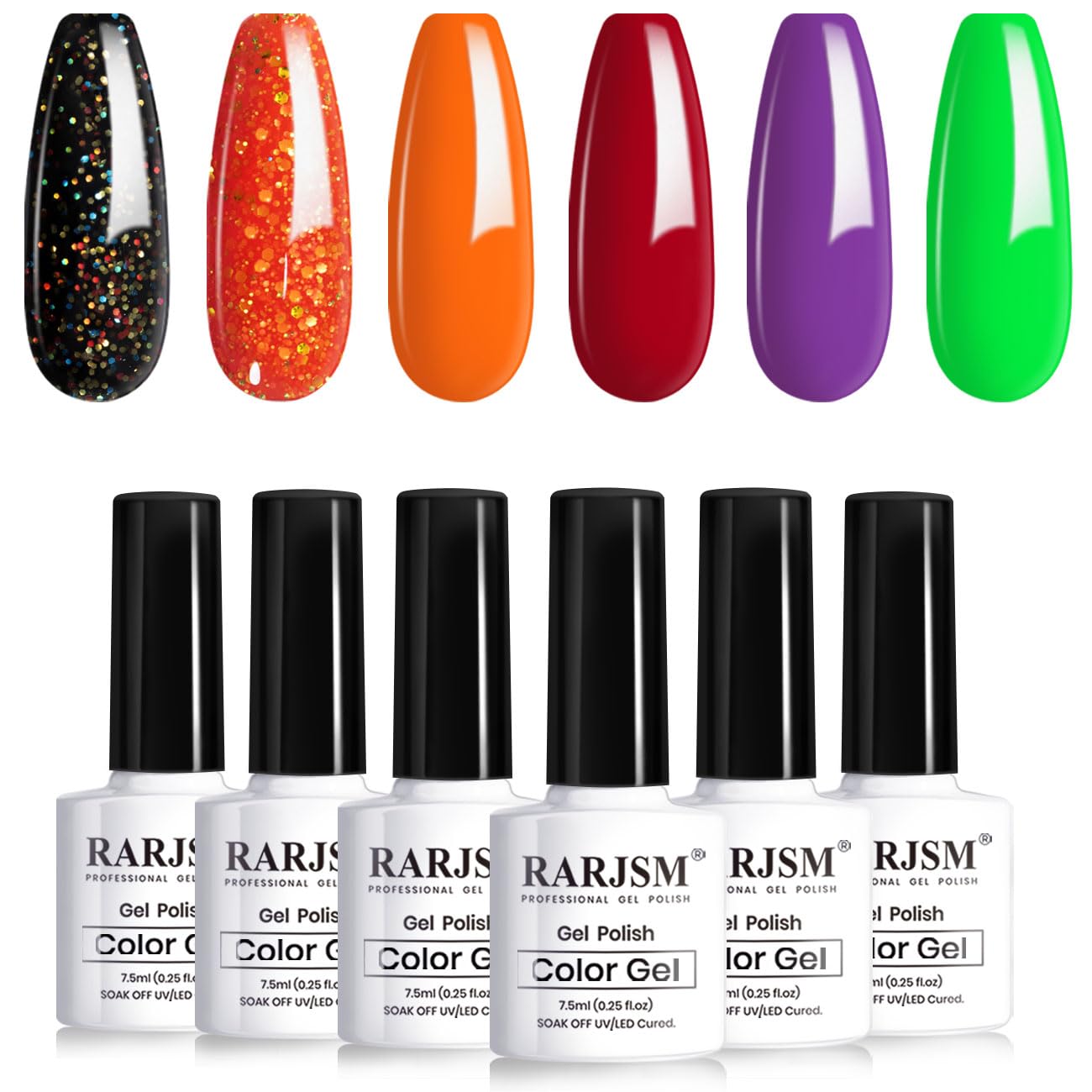 RARJSM Juego de esmaltes de uñas de gel, 6 colores, negro, iridiscente, purpurina, calabaza, naranja, rojo, morado, verde neón, otoño, invierno,