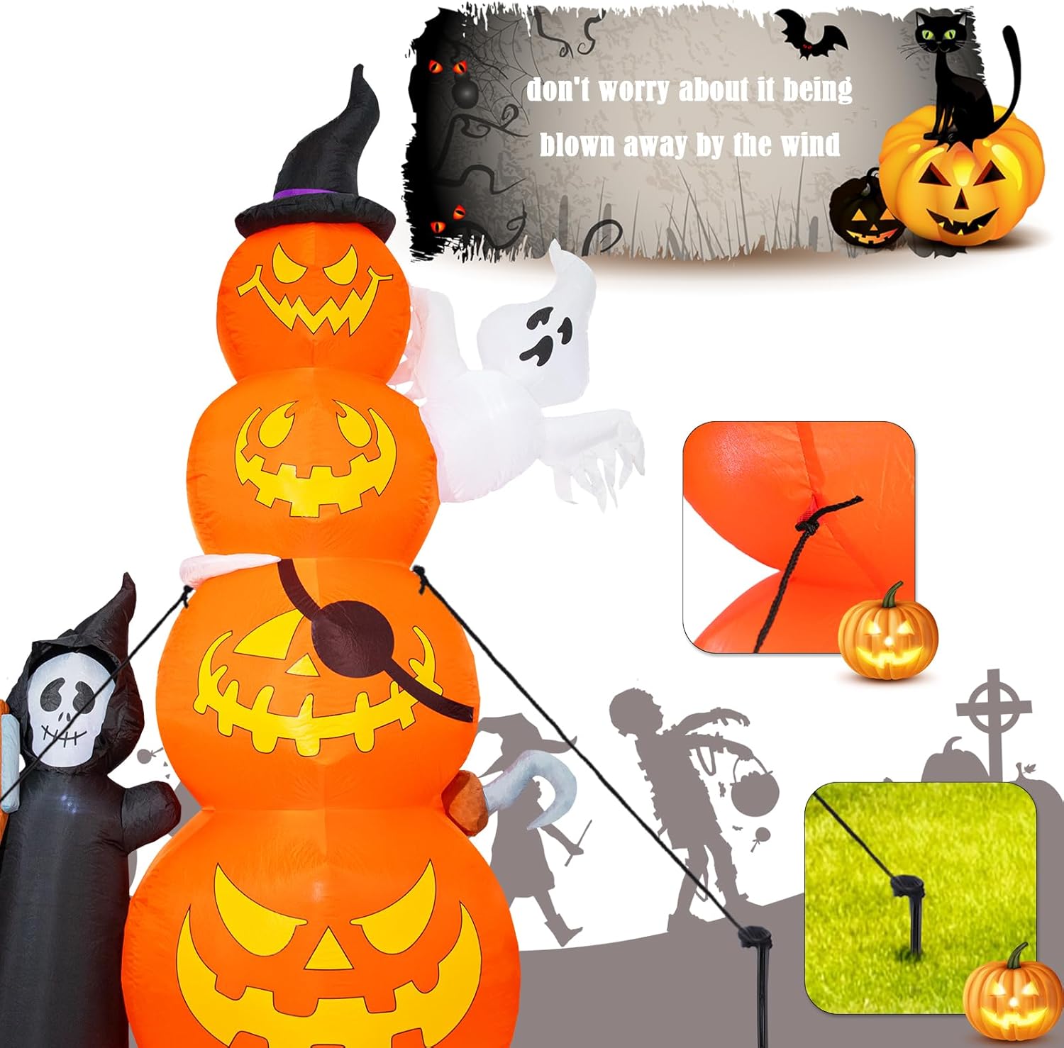Decoraciones inflables de Halloween de 8.5 pies de alto para exteriores, calabazas inflables gigantes con fantasma y parca inflable de Halloween con