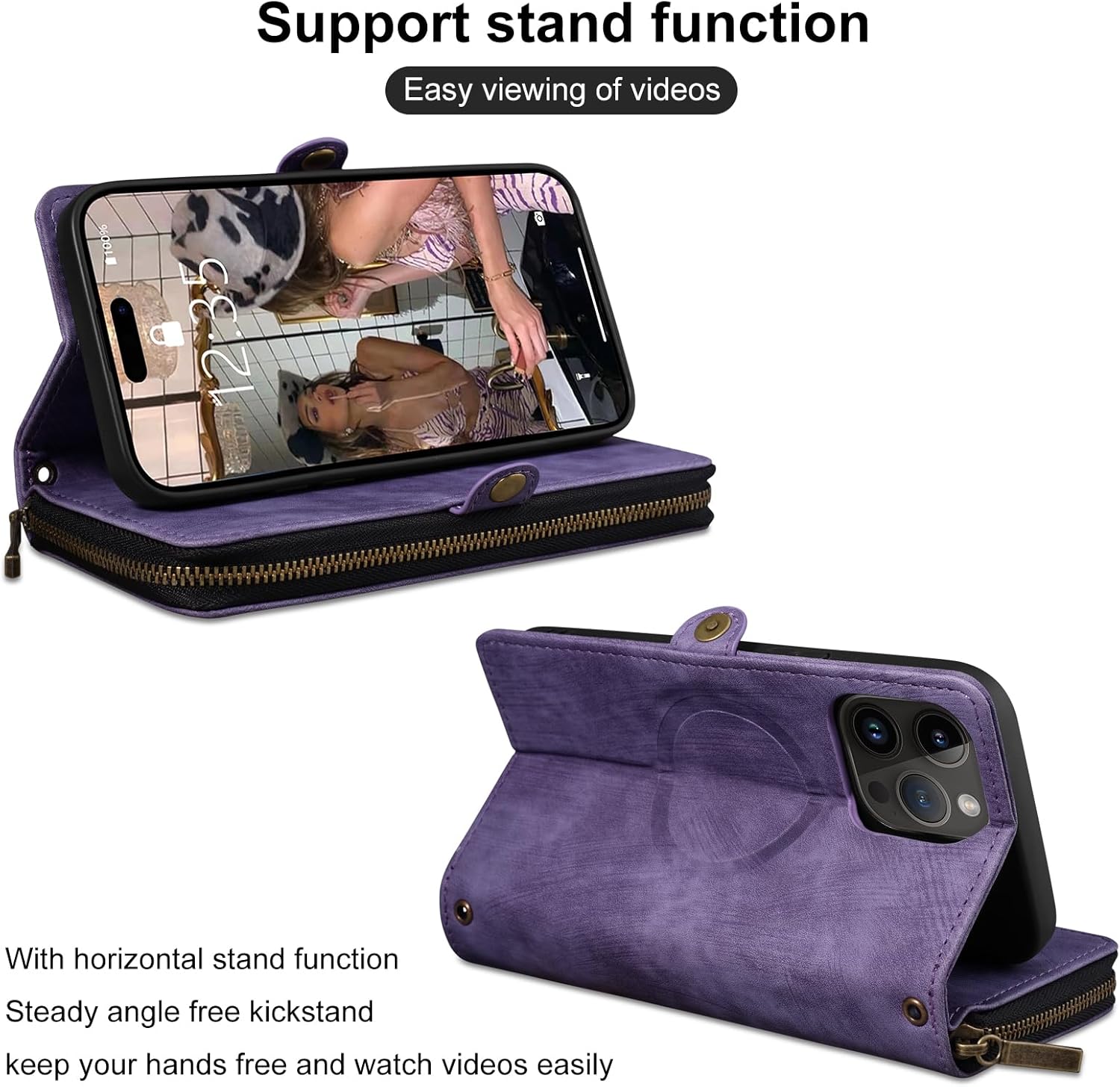 Rssviss Funda tipo cartera para iPhone 15 Pro Max Crossbody con correa para la muñeca, funda con cremallera abatible compatible con Magsafe, funda
