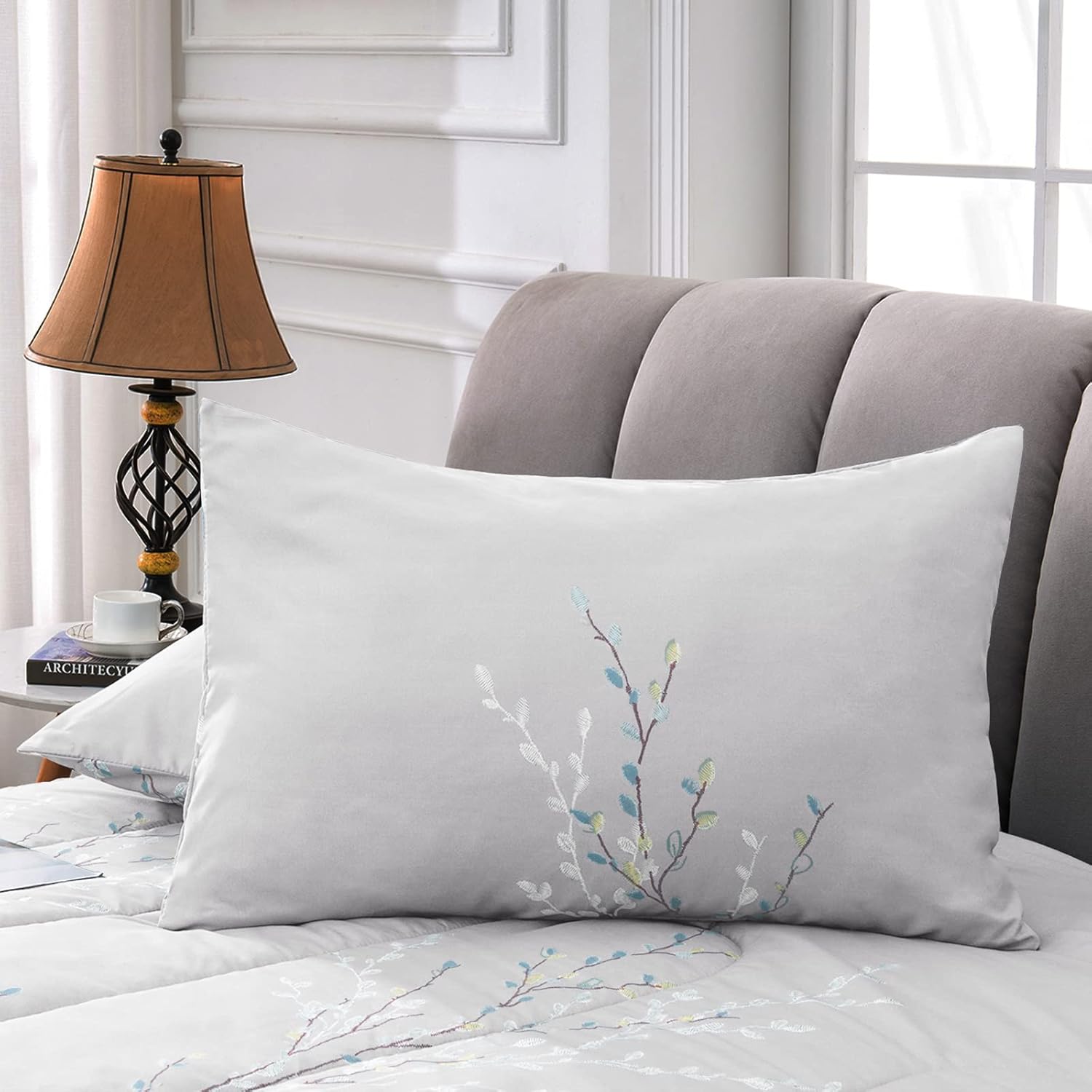 Exclusivo Mezcla Juego de edredón de 3 piezas, edredón alternativo de microfibra para todas las estaciones con 2 fundas de almohada, patrón floral,