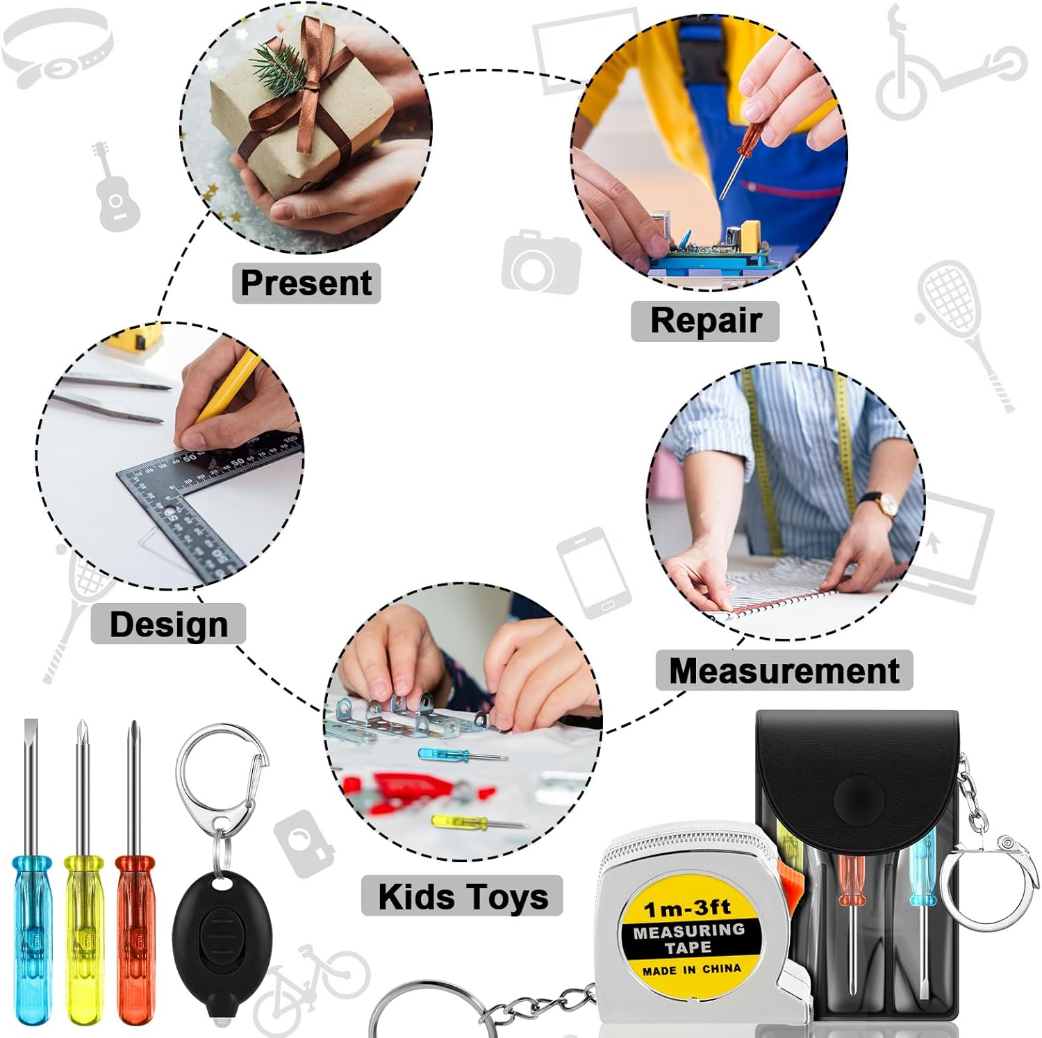 Jutom Juego de llaveros con cinta métrica, destornillador, regalo a granel para adultos, hombres, padres, regalos de fiesta de cumpleaños (48 piezas)