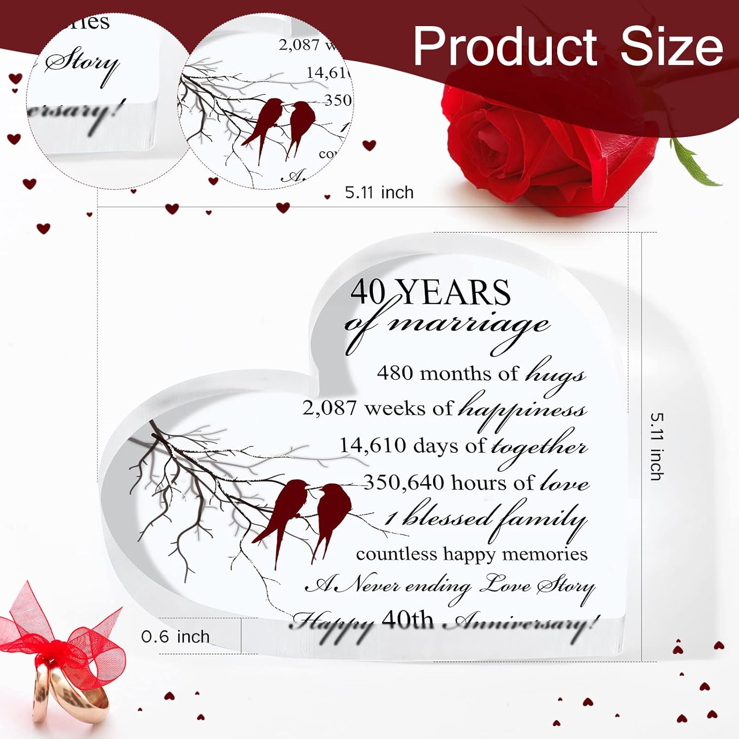 40th Years of Marriage Gift Wedding Anniversary Heart Marriage Recuerdo Decoración Regalo para Parejas, Padres, Mujeres, Mamá, Marido, Esposa