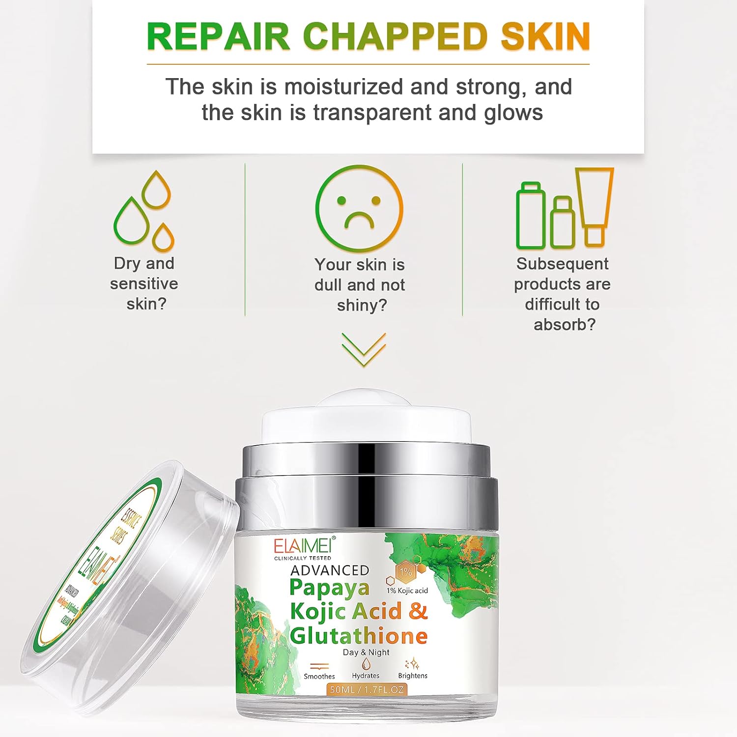 Crema para la cara, ácido kójico de papaya glutatión natural para la piel nutritiva y rejuvenecedora crema facial, crema hidratante de día y noche,
