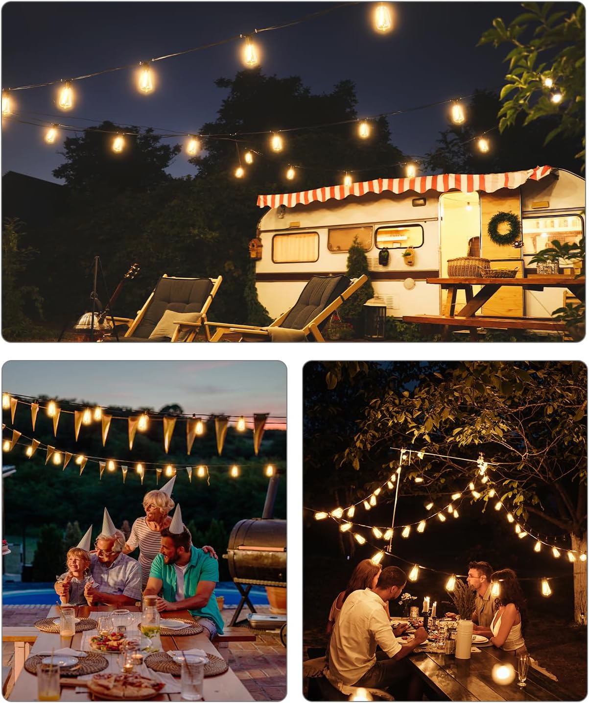 CINOTON Tira de luces LED para exteriores de 120 pies con control remoto, 60+2 bombillas Edison inastillables, bajo voltaje de 24 V, luces
