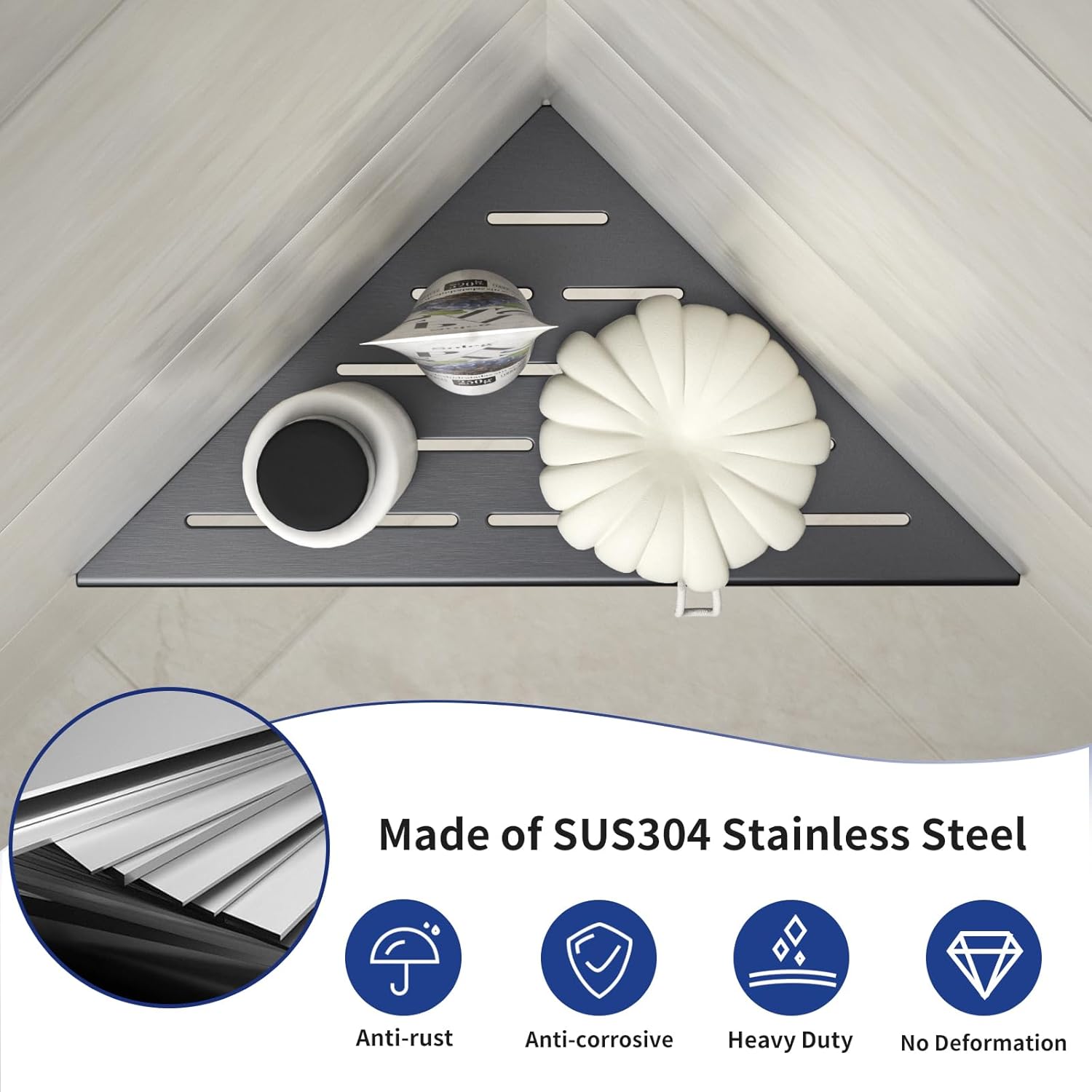 Estante esquinero de ducha, estantes de baño de acero inoxidable 304 con diseño de ranura para pared de azulejos, soporte empotrado para champú para