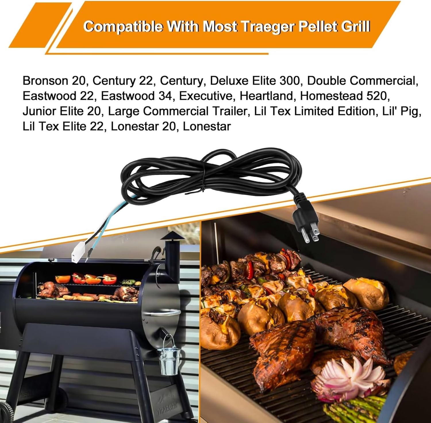 Piezas de repuesto de cable de alimentación de 8 pies compatibles con parrillas para ahumadores de pellets de madera Pit Boss, Traeger