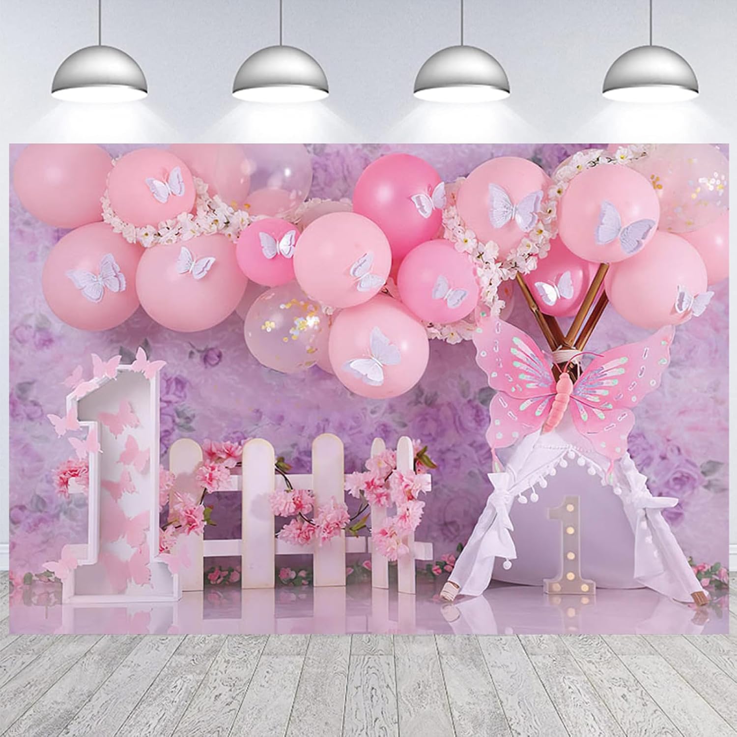 Fondo de fotografía floral de jardín con globos rosados, diseño de mariposas y flores, para el primer cumpleaños de las niñas, con texto en inglés