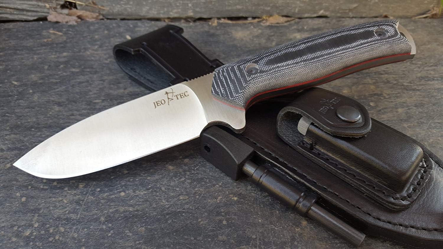 JEO-TEC N21 Bushcraft Survival Hunting Cuchillo táctico de hoja fija – BOHLER N690C acero inoxidable, funda de cuero multiposición, piedra afiladora