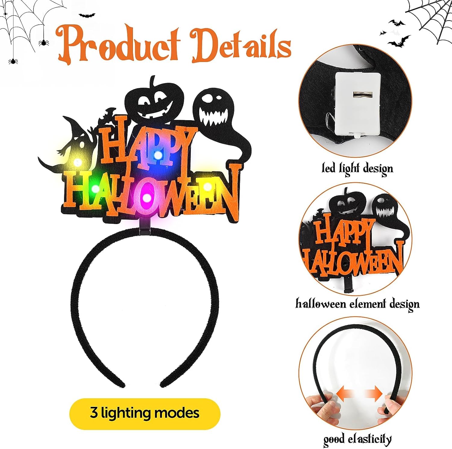 clothmile 4 diademas de Halloween iluminadas con luz LED de calabaza brillante y gato negro, telaraña, diadema LED de Halloween, fiesta, cumpleaños,