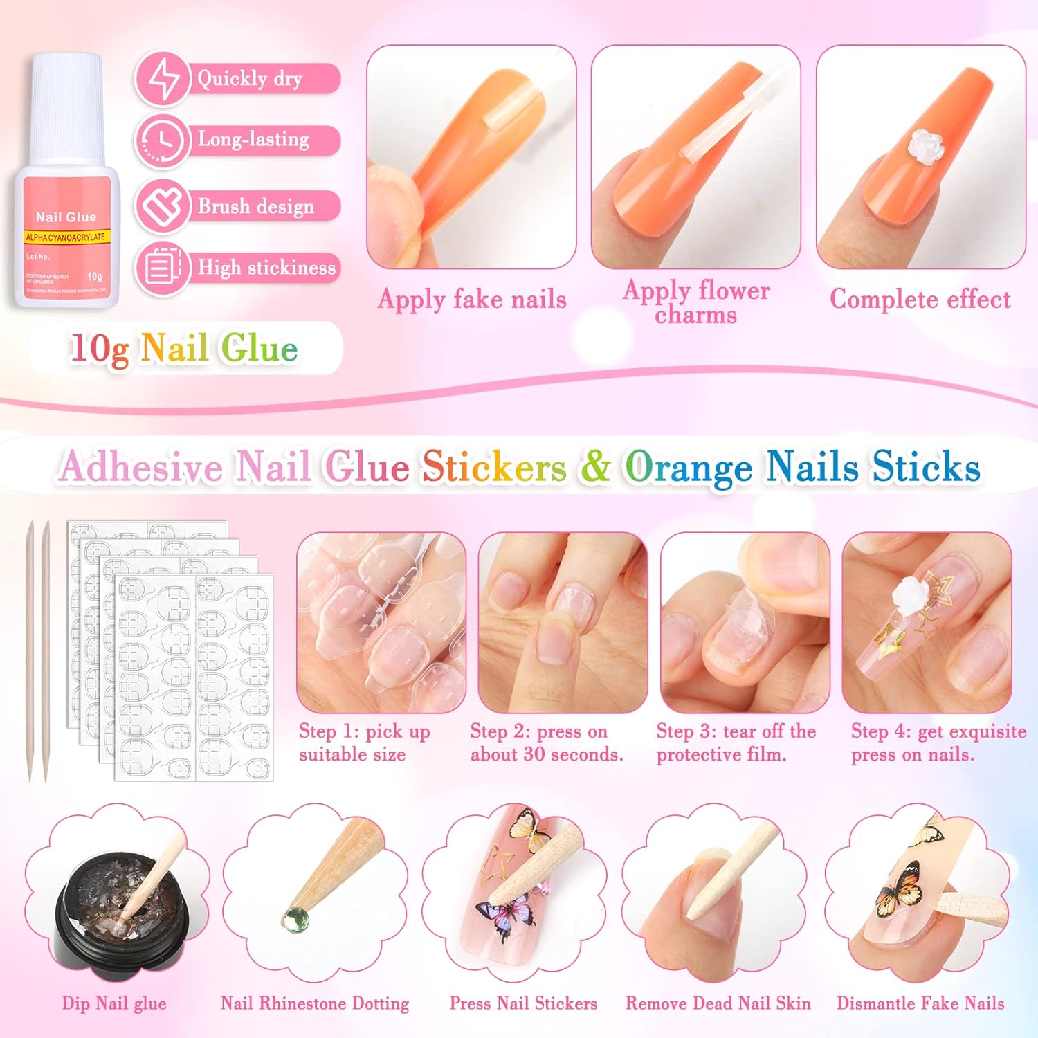 Uñas postizas a presión de 24 colores de cobertura completa, 576 unidades, uñas largas a presión con diamantes de imitación, cintas adhesivas para