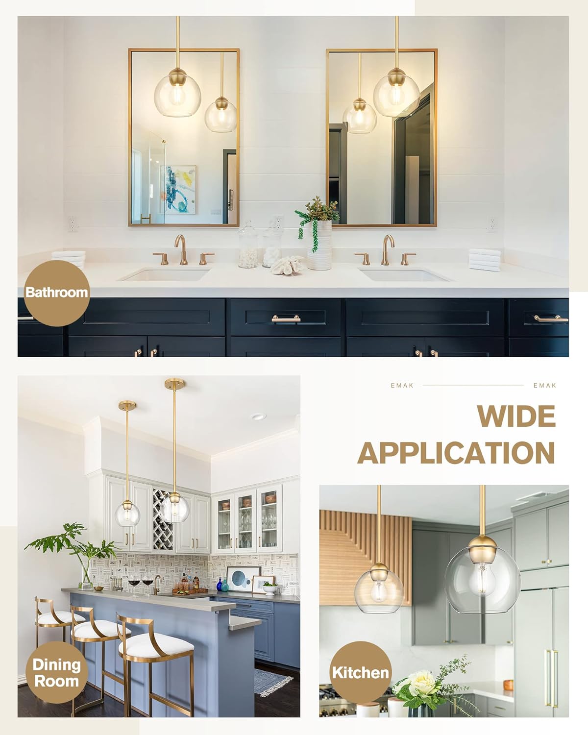 Emak Modernas lámparas colgantes doradas, luces colgantes de globo de 7 pulgadas con vidrio transparente, 1 luz colgante para isla de cocina, baño,