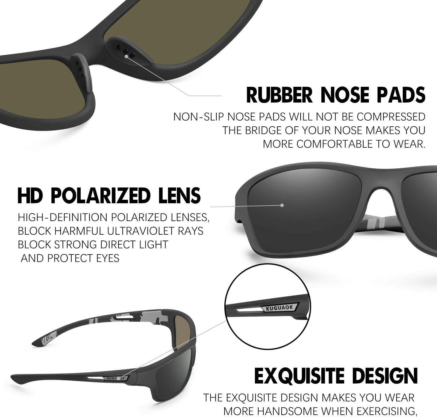 KUGUAOK Gafas de sol deportivas polarizadas para hombres, para conducir, ciclismo, pesca, gafas de sol 100% con protección UV