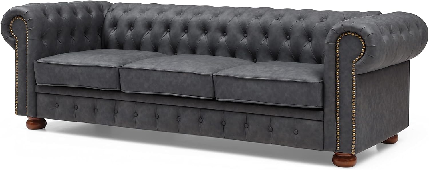Sofá Chesterfield, sofá tapizado de piel sintética de 89 pulgadas con respaldo bajo, brazo enrollado y ribete de cabeza de clavos, sofá clásico de 3