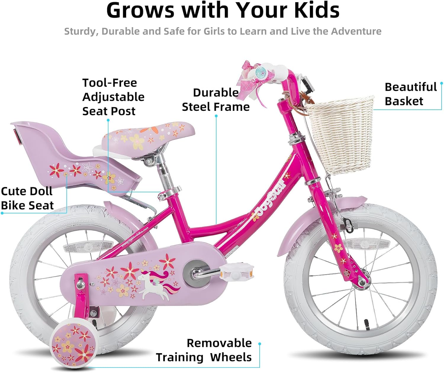 JOYSTAR Bicicleta de unicornio para niñas de 2 a 9 años, bicicleta para niños de 12, 14, 16, 18 pulgadas, con ruedas de entrenamiento, serpentinas,