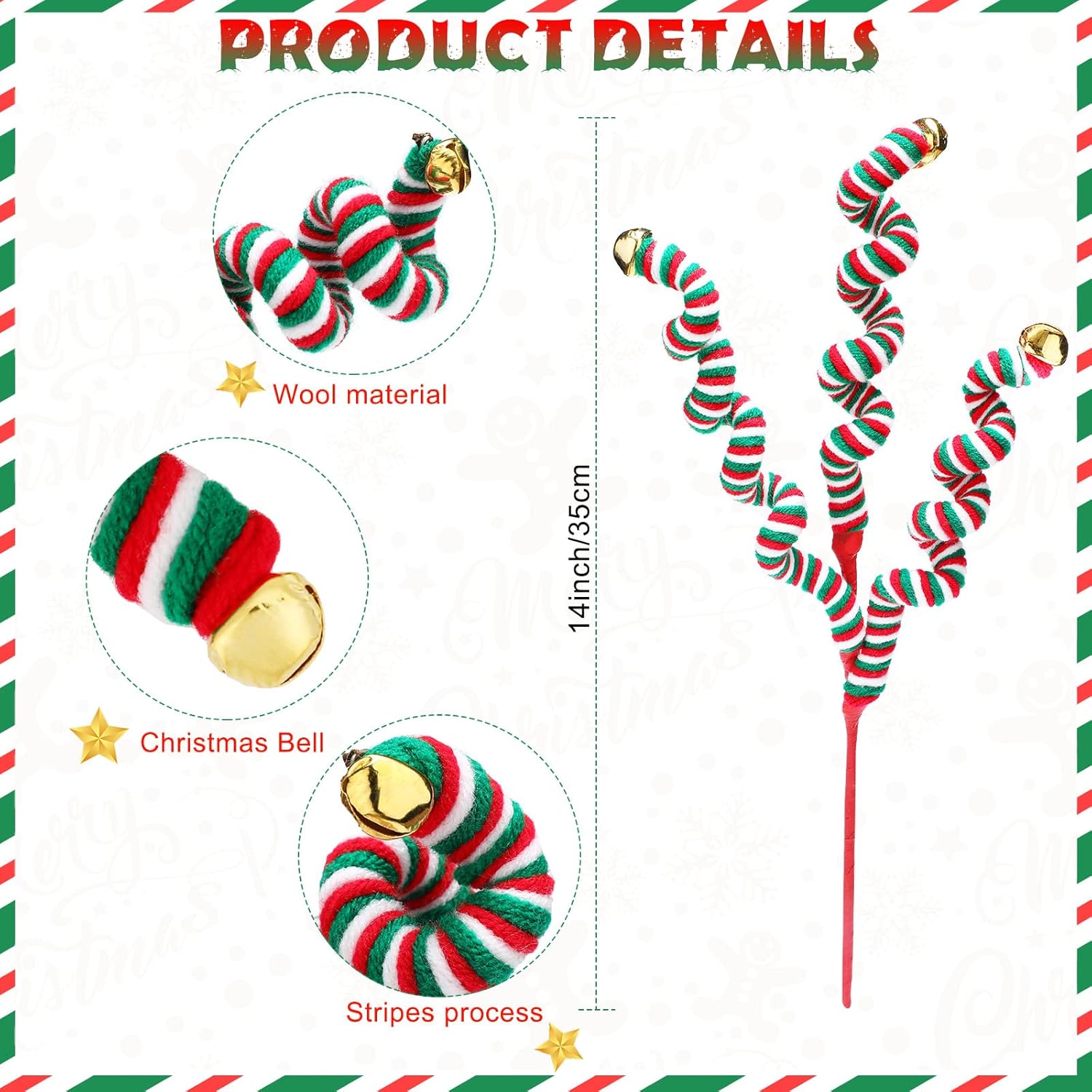 6 campanas de lana de Navidad, púas rizadas, verde, rojo, blanco, decoración de árbol de Navidad, ramas de Navidad con campanas, decoraciones