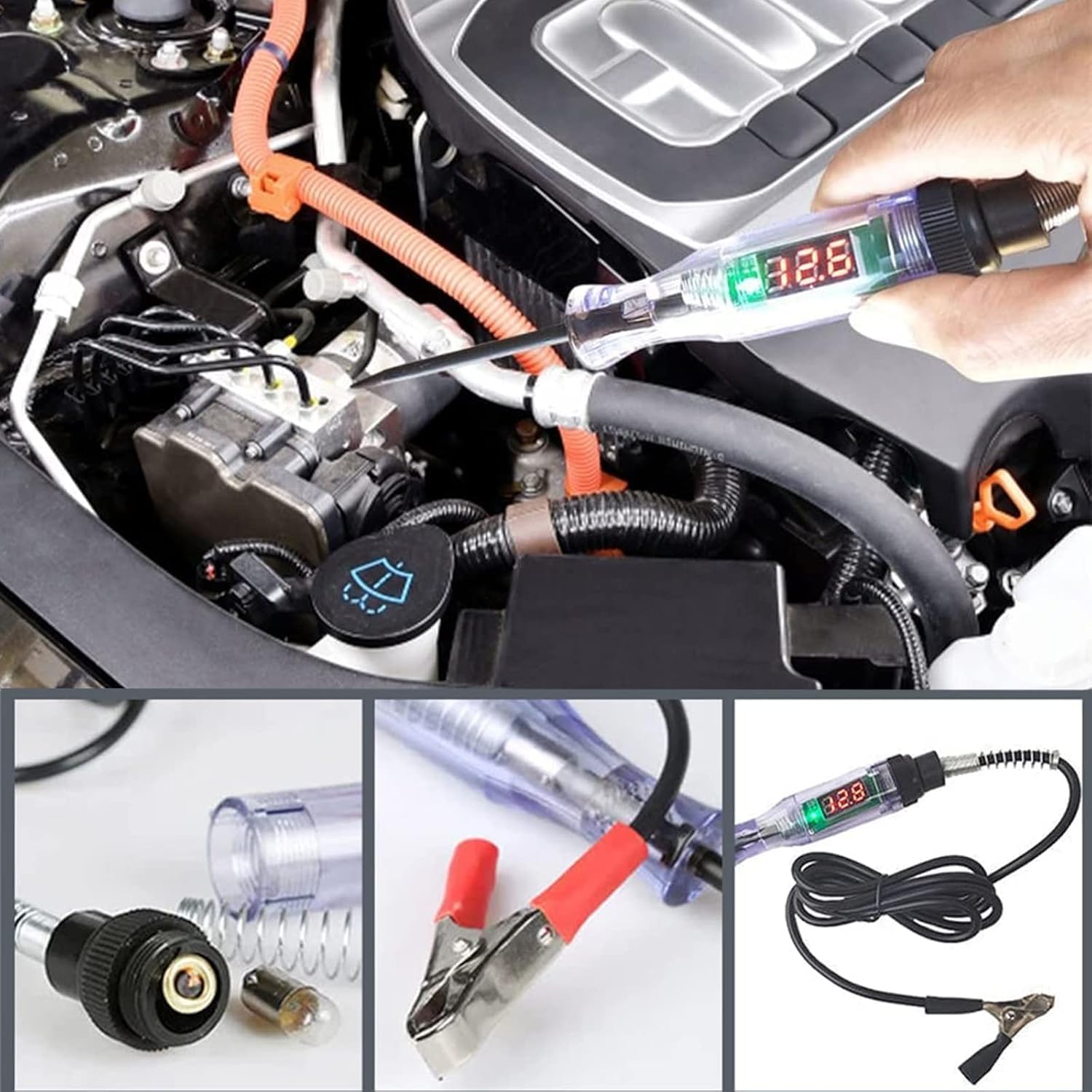 Pluma de prueba de circuito de camión de automóvil, probador de luz resistente de 3-70 V con cable de resorte voltímetro, luz de prueba digital