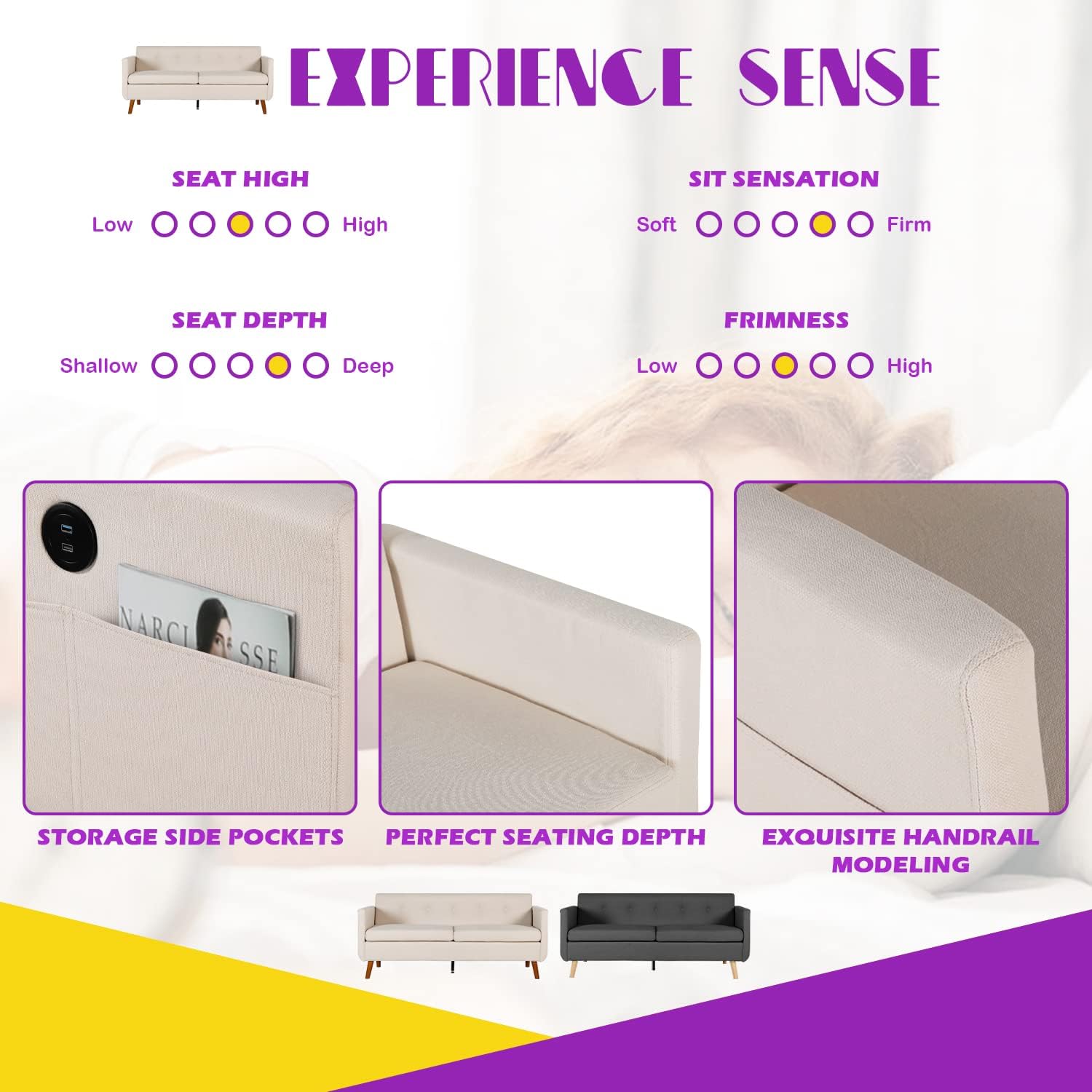 TYBOATLE Sofá tapizado moderno de mediados de siglo con 2 puertos de carga USB, asientos de tela para espacios pequeños, sala de estar, apartamento,