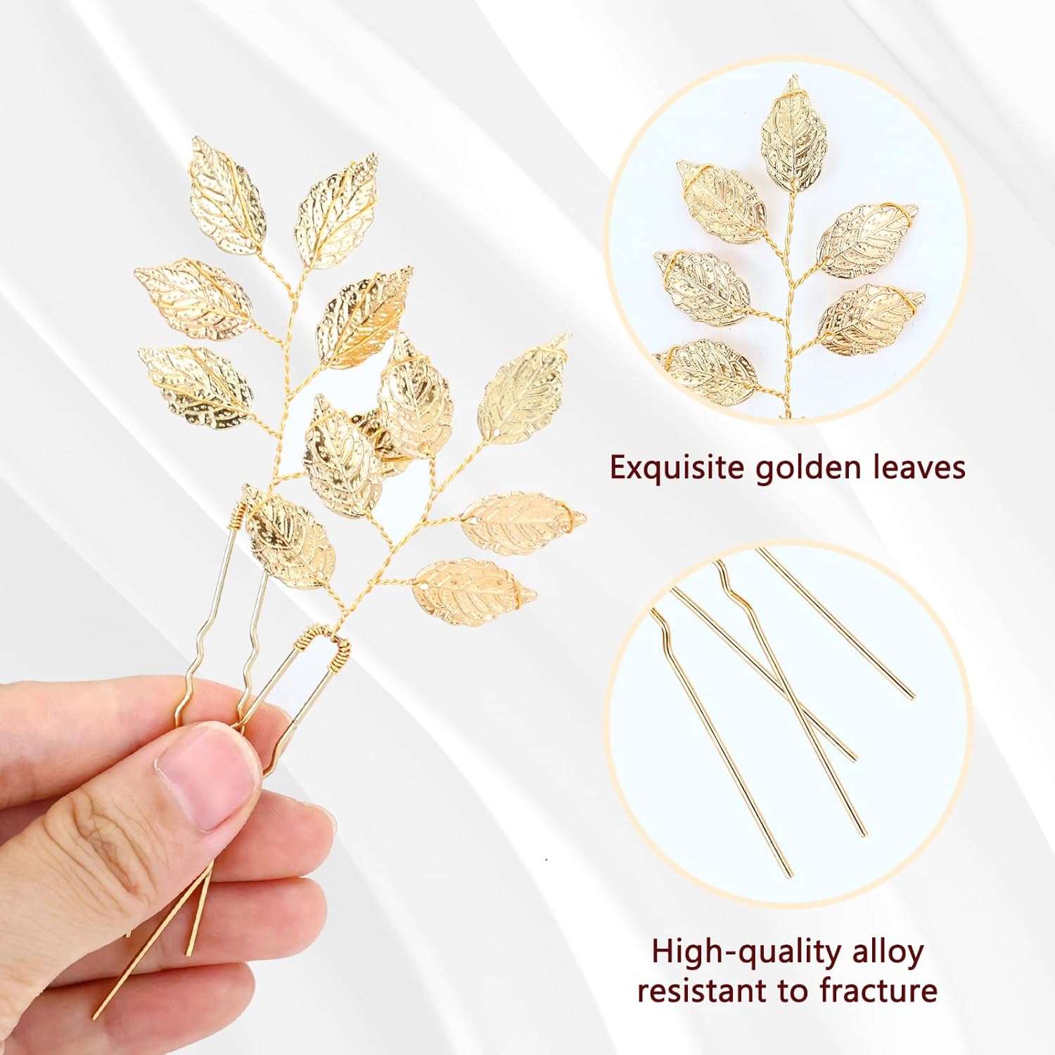 inSowni 12 piezas decorativas para novia, boda, fiesta, graduación, en forma de U, metal dorado, hojas de eucalipto, horquillas para el cabello,