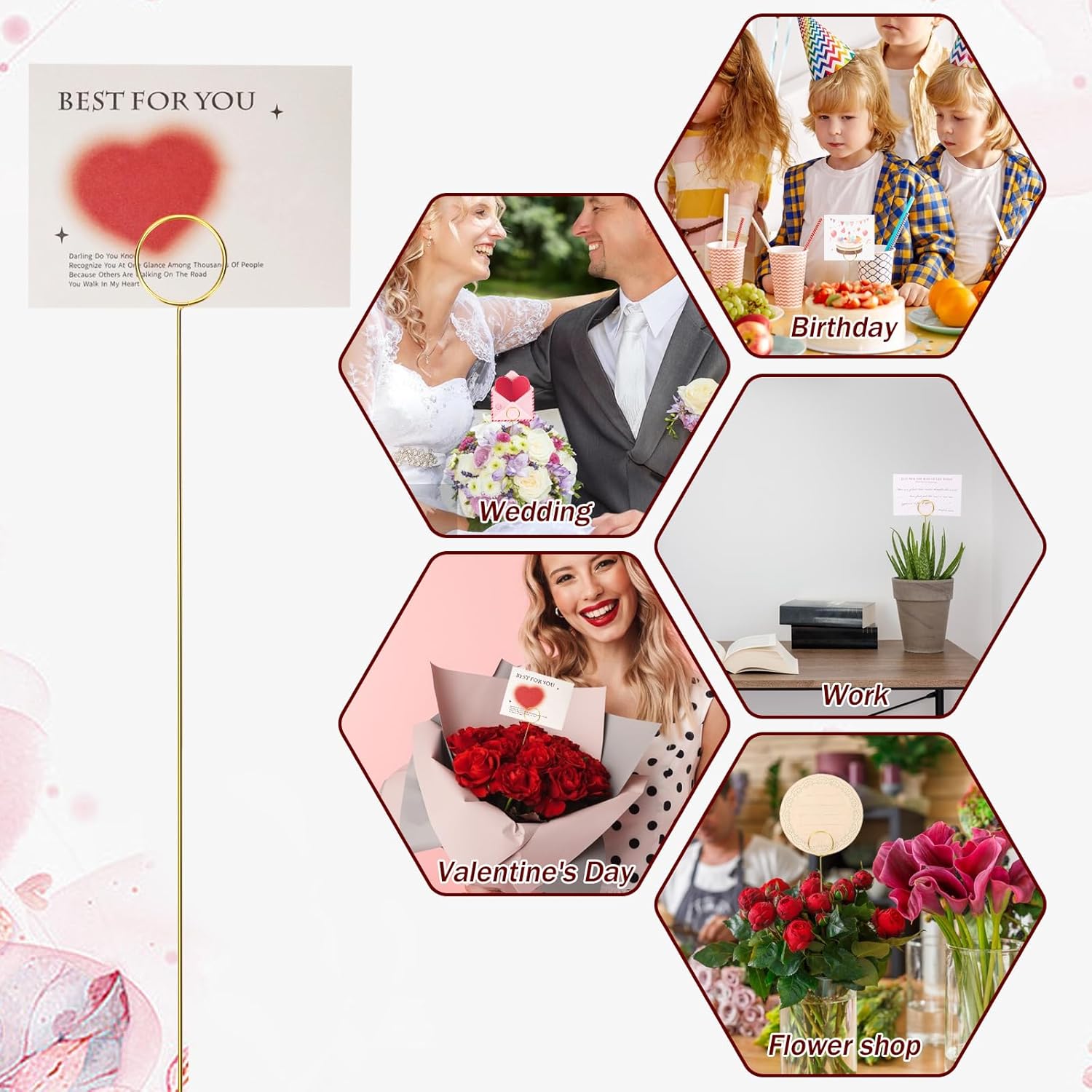 20 soportes para tarjetas de lugar, soporte de tarjetas de lugar de metal floral, soportes de números de mesa dorados, clips de púas de flores de
