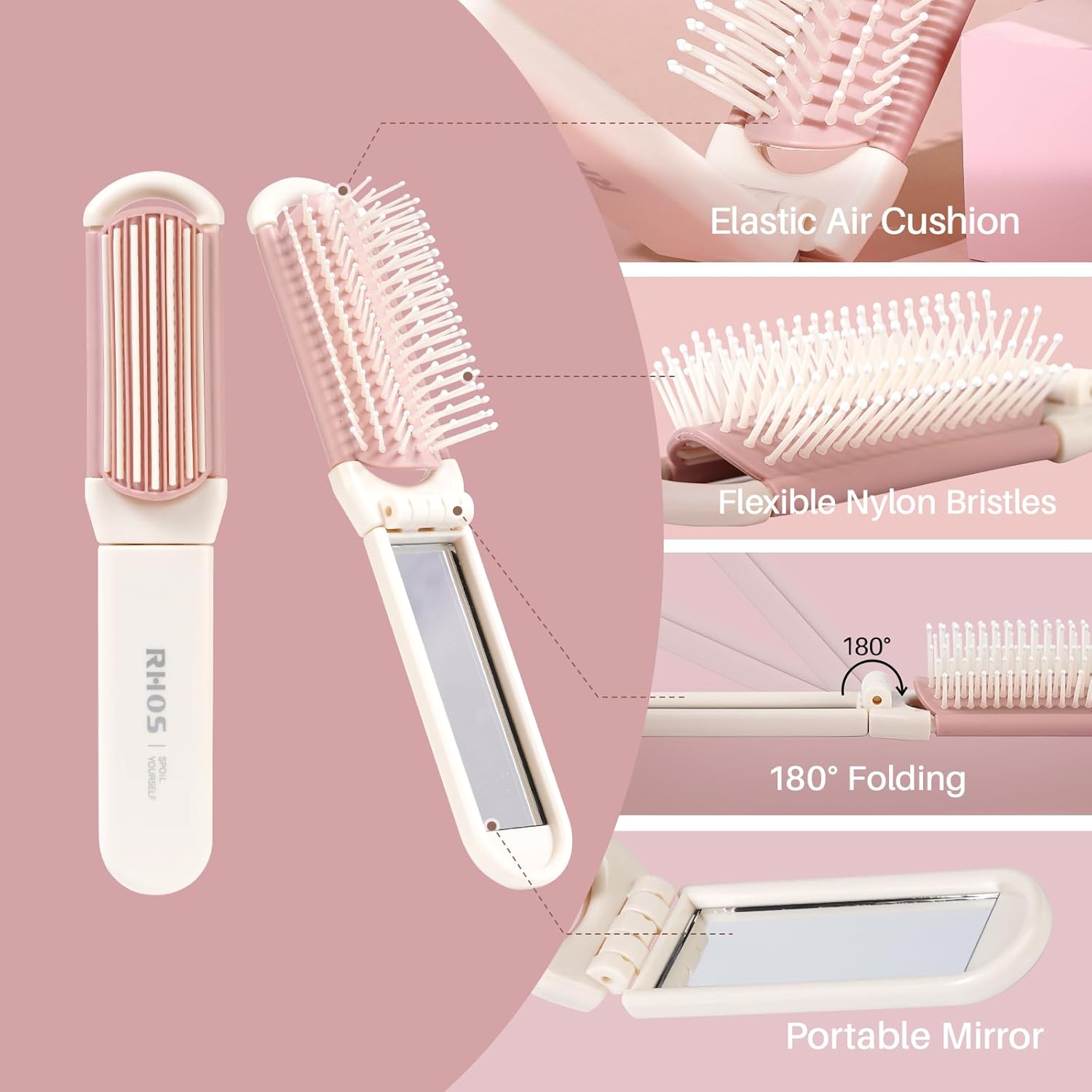 RHOS Cepillo plegable con espejo para mujeres y niñas, mini cepillo portátil para el cabello, cepillo de pelo de bolsillo pequeño con cerdas de