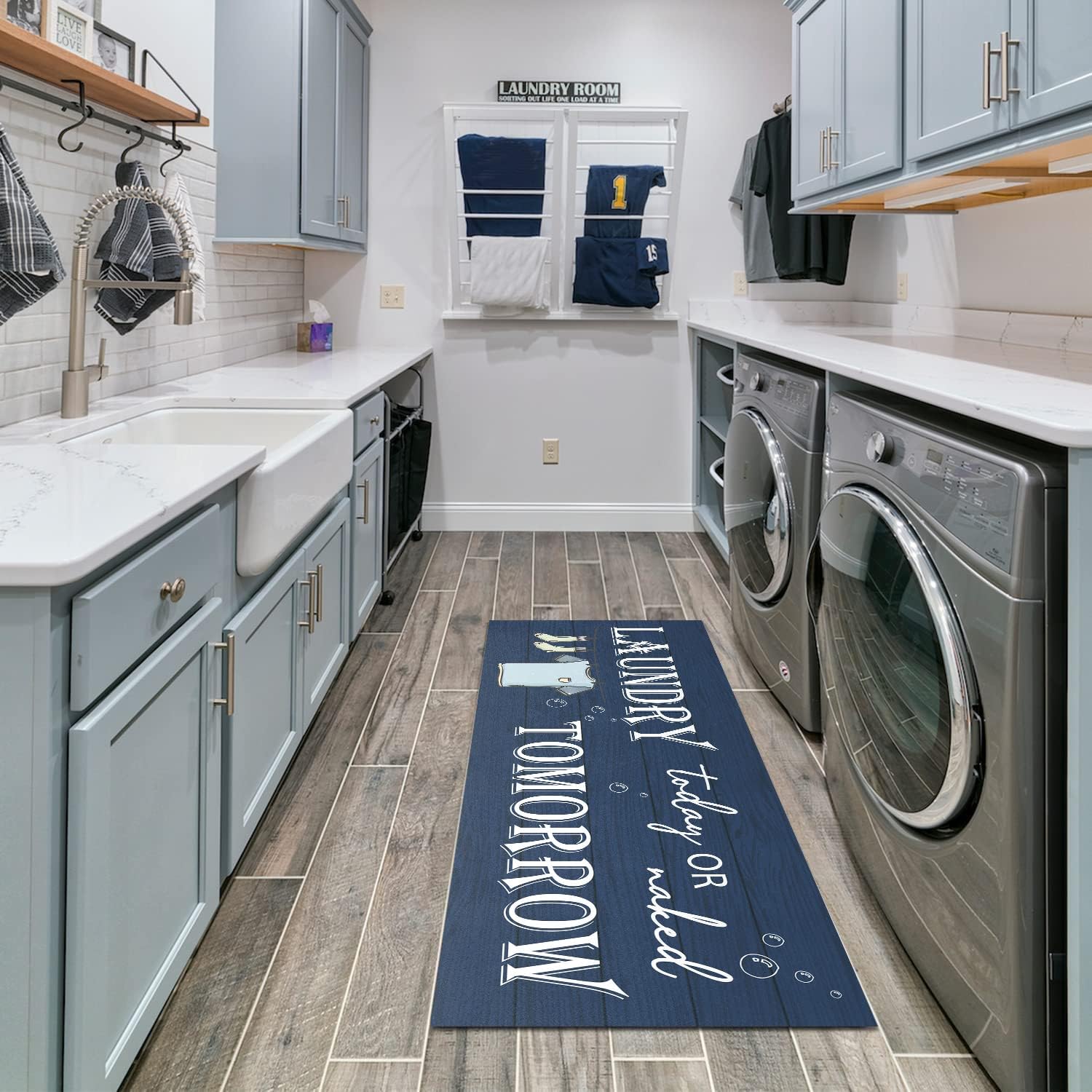GETITEZY Alfombra antideslizante para lavandería, decoración de lavandería, alfombra lavable para lavandería, baño, cocina, 17 x 47 pulgadas, azul