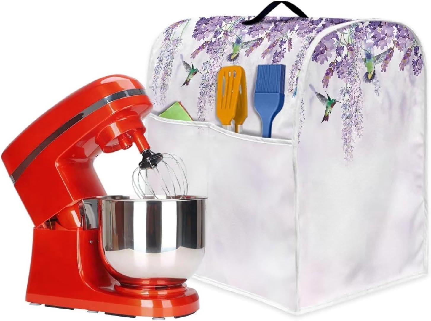 Cubierta de licuadora de tamaño grande para 6-8 cuartos de galón de color morado con estampado floral de colibrí, cubierta de mezclador negro,