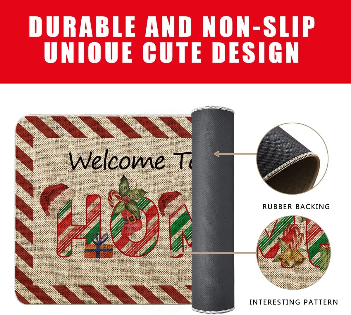 GAGEC Tapete de Navidad para puerta de exterior, tapete de bastón de caramelo, alfombra de entrada roja y blanca, tapete de puerta de menta para