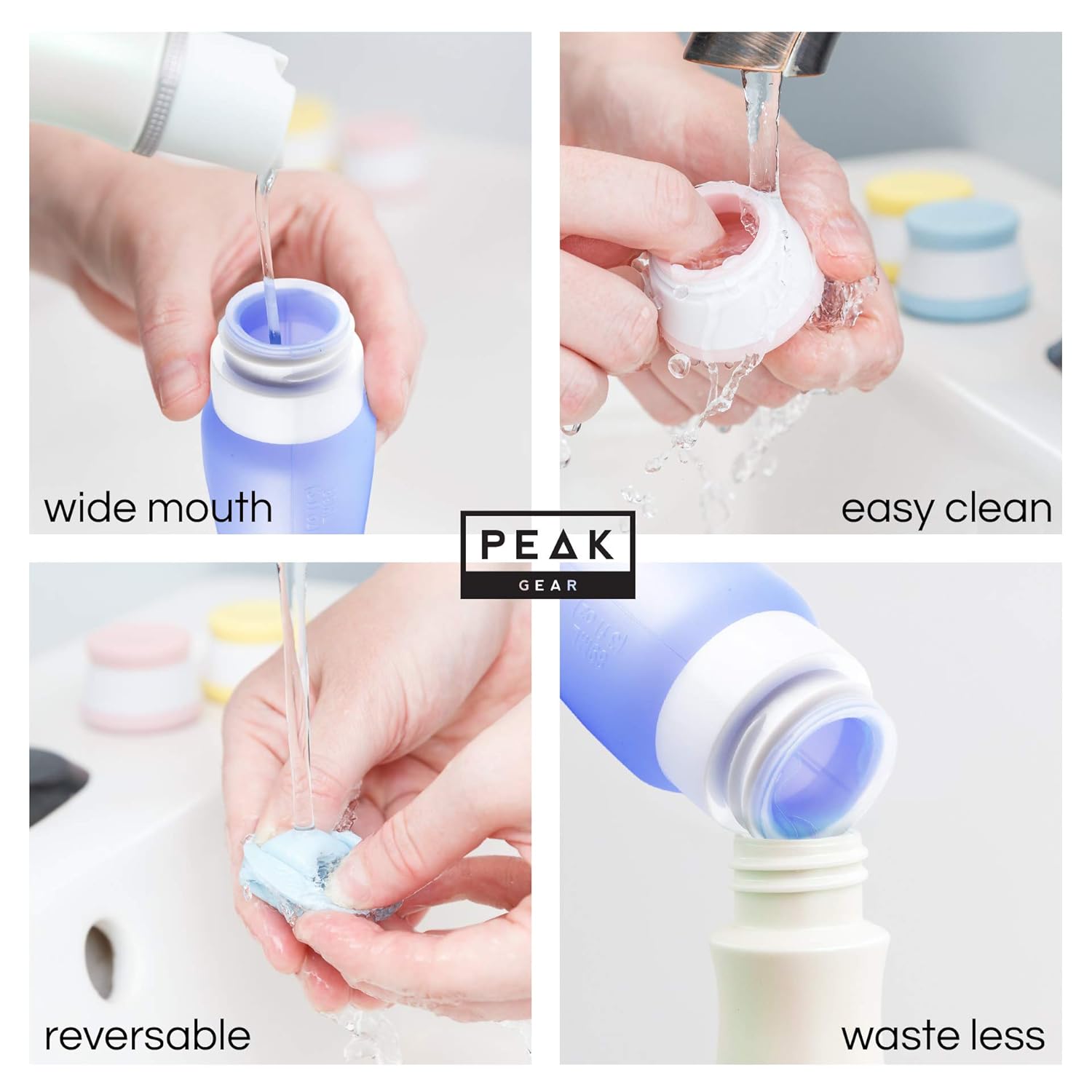 Peak Gear Contenedores de viaje, botellas de silicona. A prueba de fugas. Contenedores de viaje pequeños aprobados por la TSA (paquete de 3 botellas)