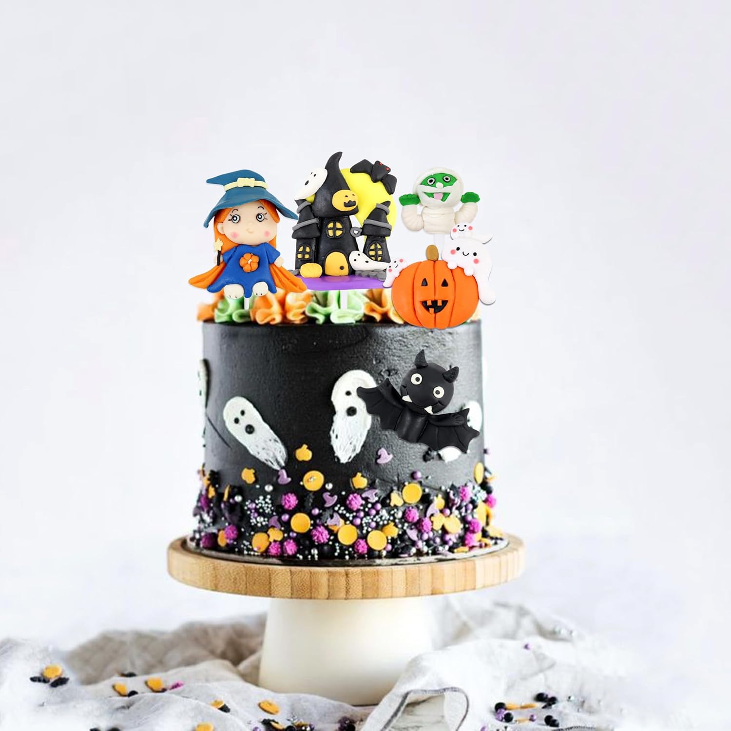 Ercadio Paquete de 6 adornos de resina 3D para tartas de Halloween, castillo de bruja, gato, palillos para tartas de Halloween, calabaza,